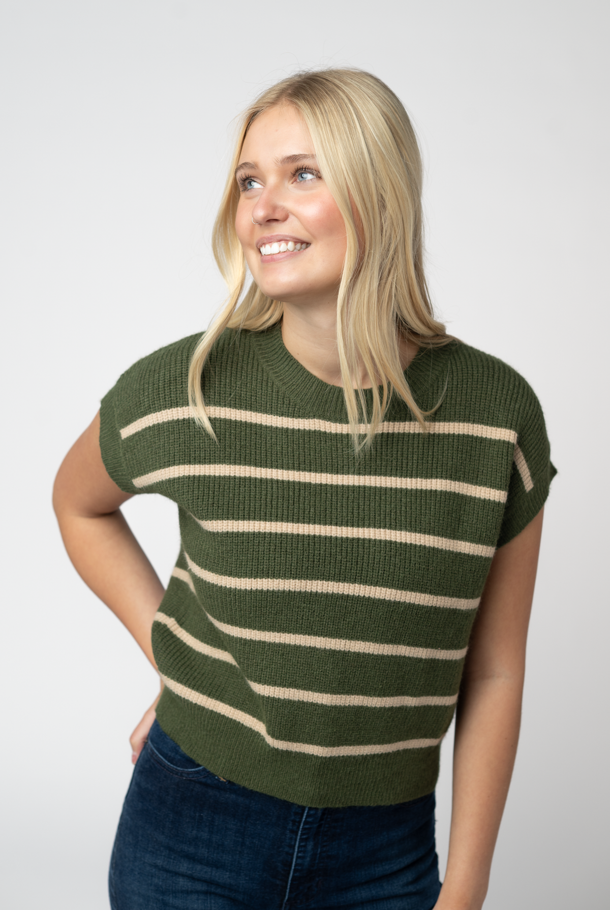 Striped Sweater Top - Olive and Tan-Sweaters-Dear Me Southern Boutique, located in DeRidder, Louisiana