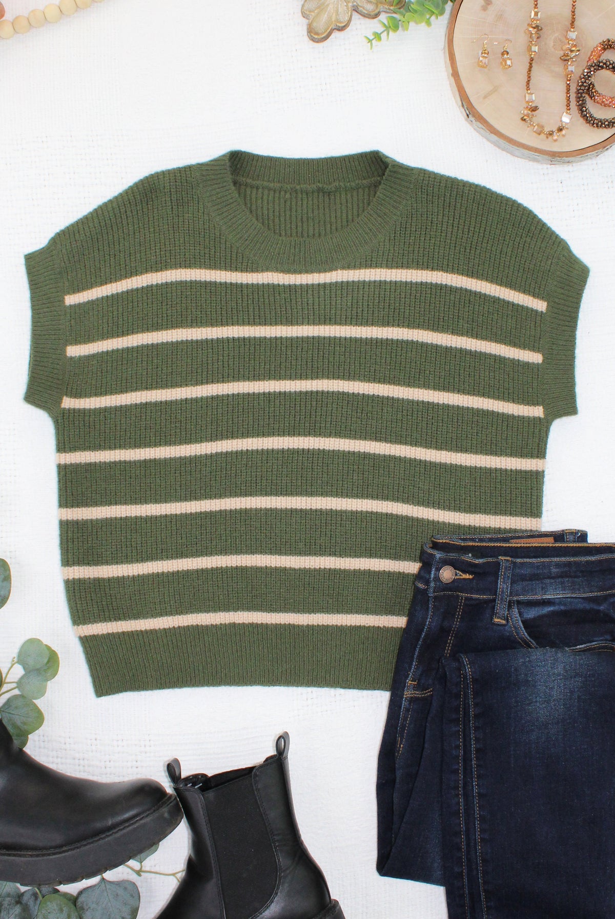 Striped Sweater Top - Olive and Tan-Sweaters-Dear Me Southern Boutique, located in DeRidder, Louisiana