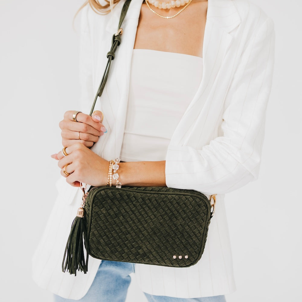 Suede Woven Willow Camera Crossbody Bag-Presales-Dear Me Southern Boutique, located in DeRidder, Louisiana