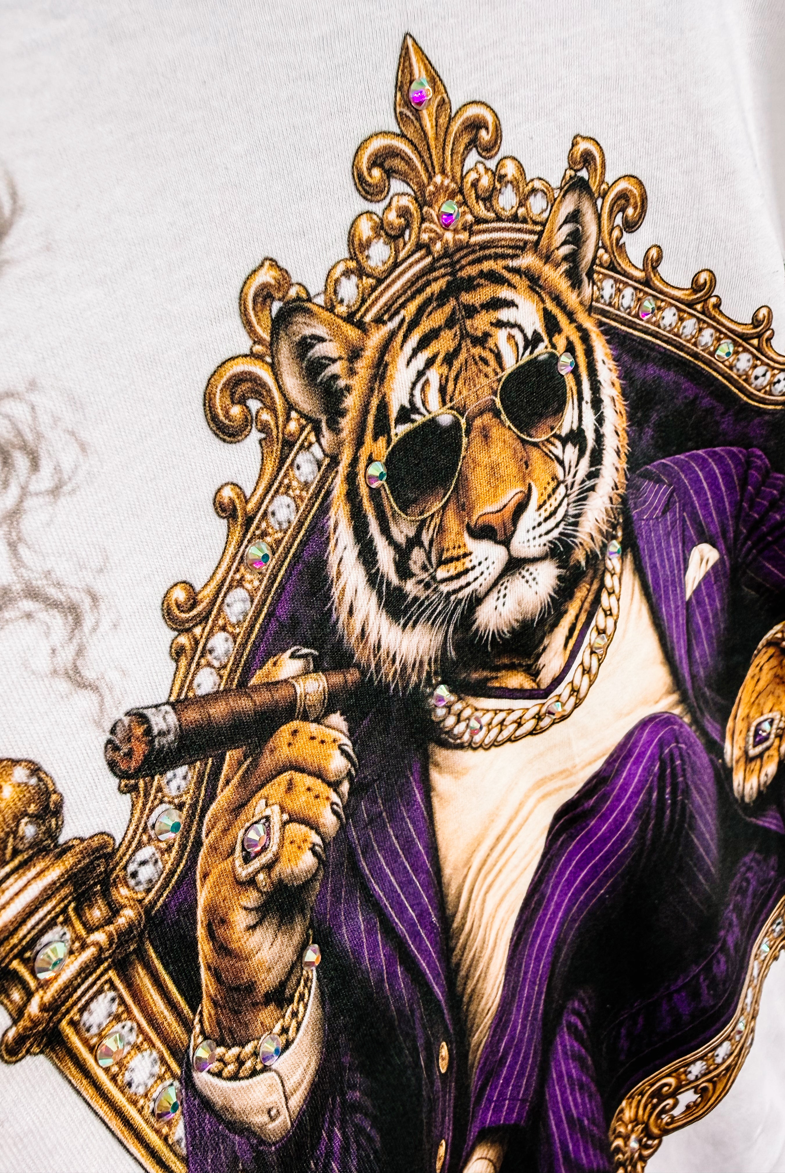 Suited Up for Saturday Tiger Bougie Rhinestone Tee-Rhinestone Tee-Dear Me Southern Boutique, located in DeRidder, Louisiana
