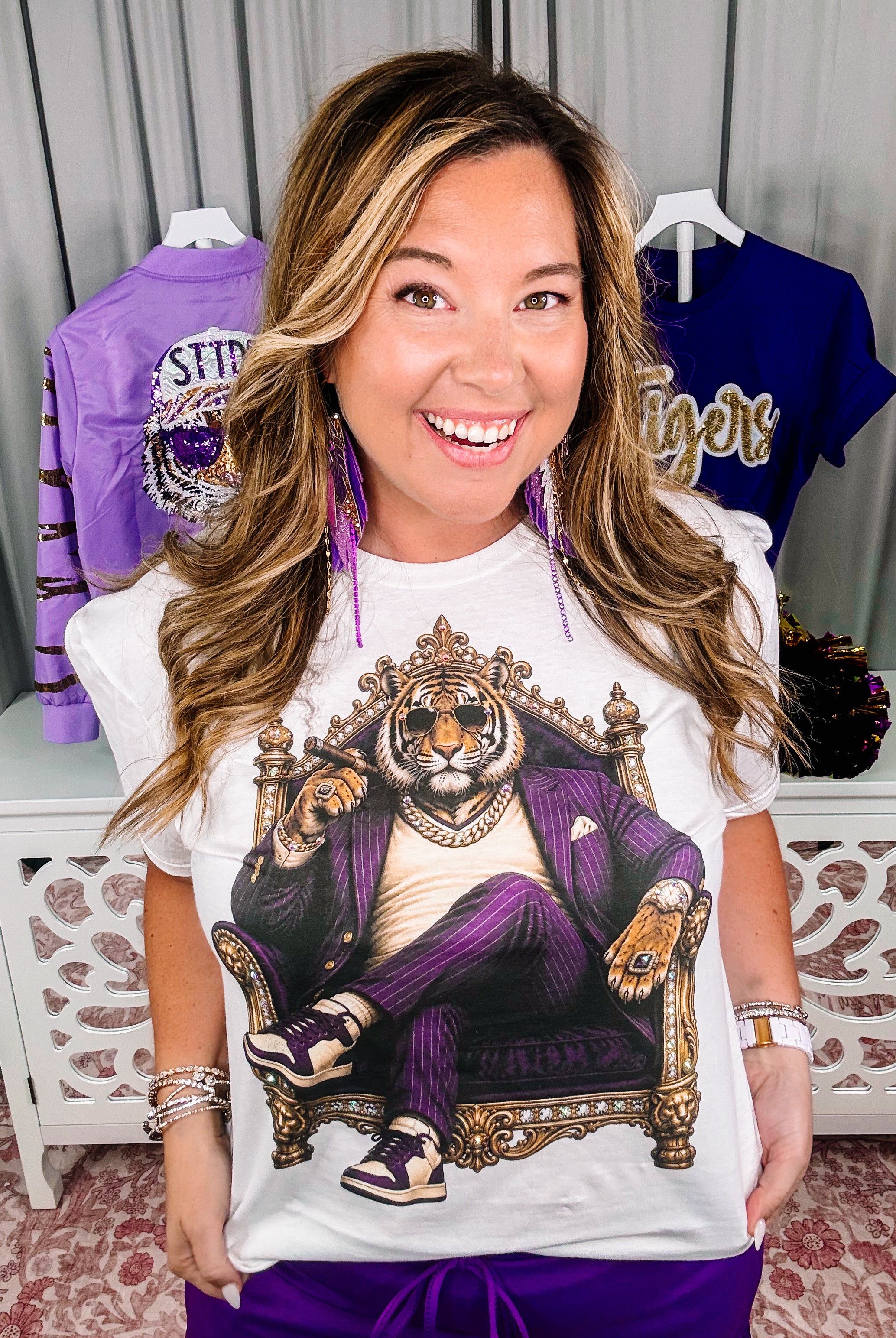 Suited Up for Saturday Tiger Bougie Rhinestone Tee-Rhinestone Tee-Dear Me Southern Boutique, located in DeRidder, Louisiana