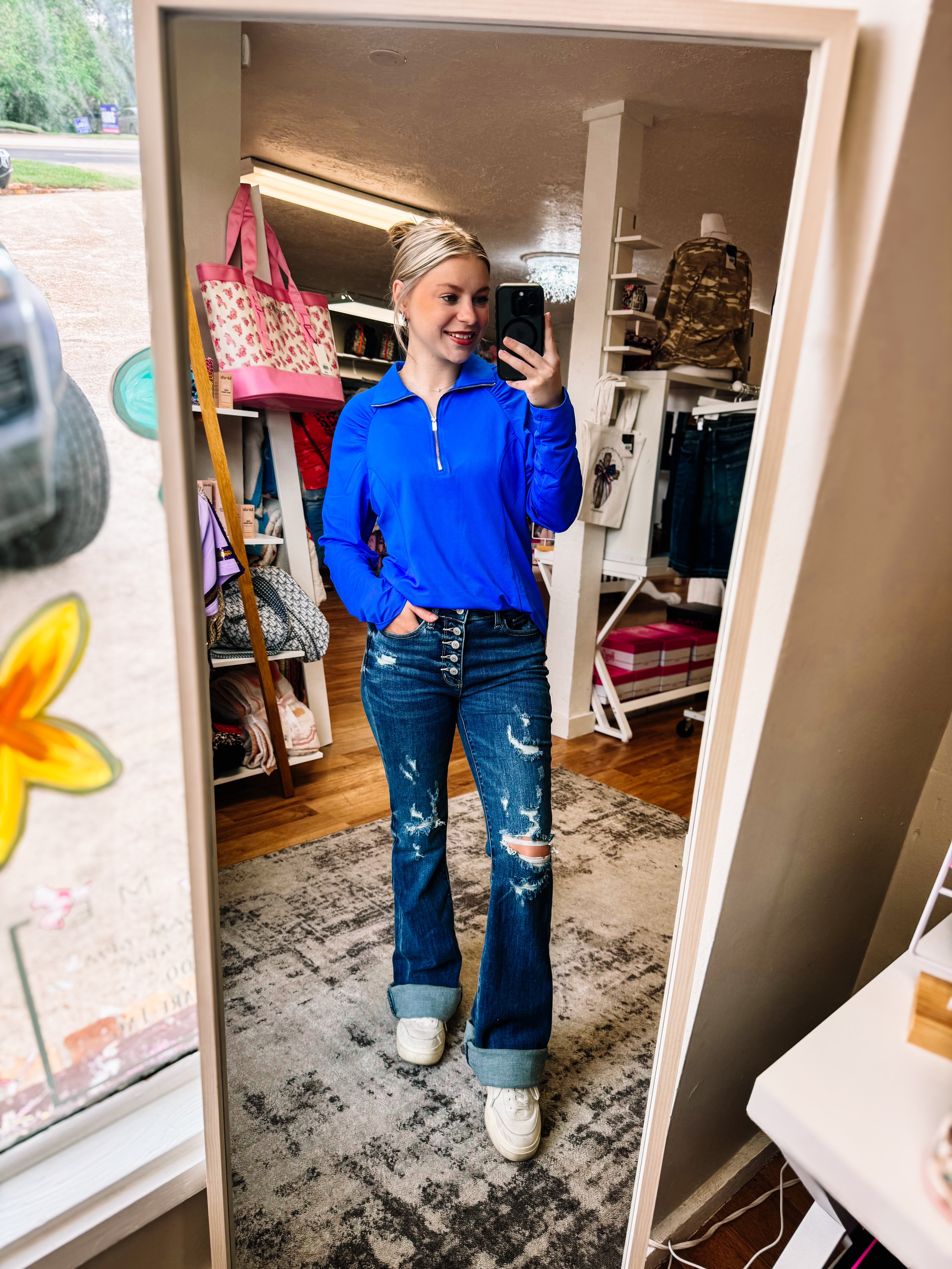 SunCool Lucy Long Sleeve Blouse-Blue-Long Sleeves-Dear Me Southern Boutique, located in DeRidder, Louisiana