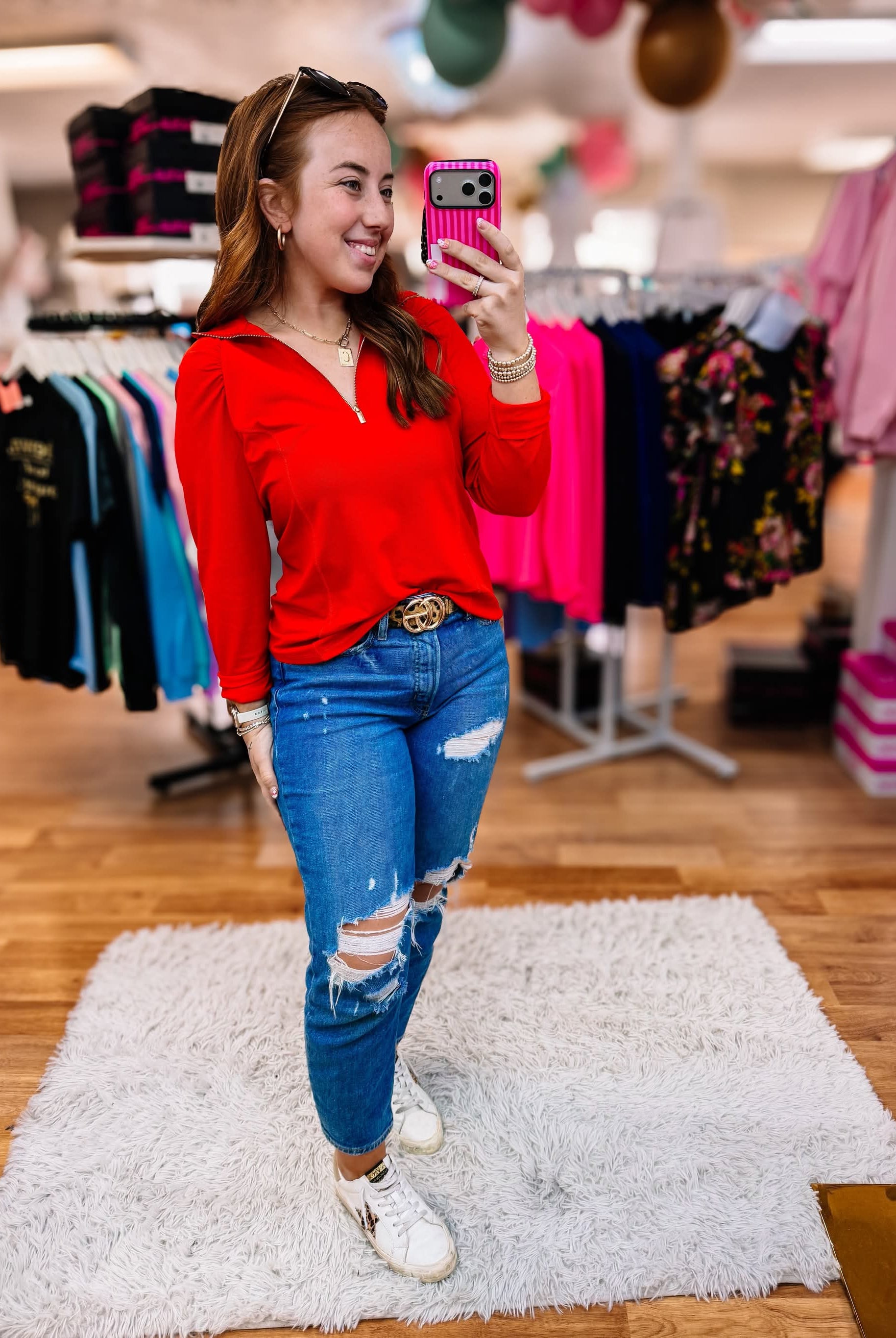 SunCool Lucy Long Sleeve Blouse-Red-Long Sleeves-Dear Me Southern Boutique, located in DeRidder, Louisiana