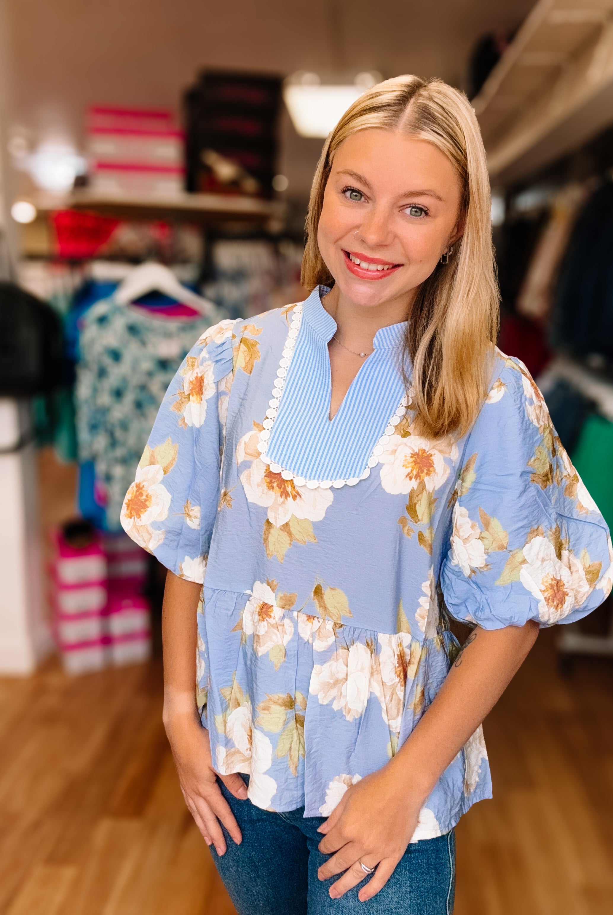 Sunday Stroll Peplum Floral Blouse-Blouses-Dear Me Southern Boutique, located in DeRidder, Louisiana