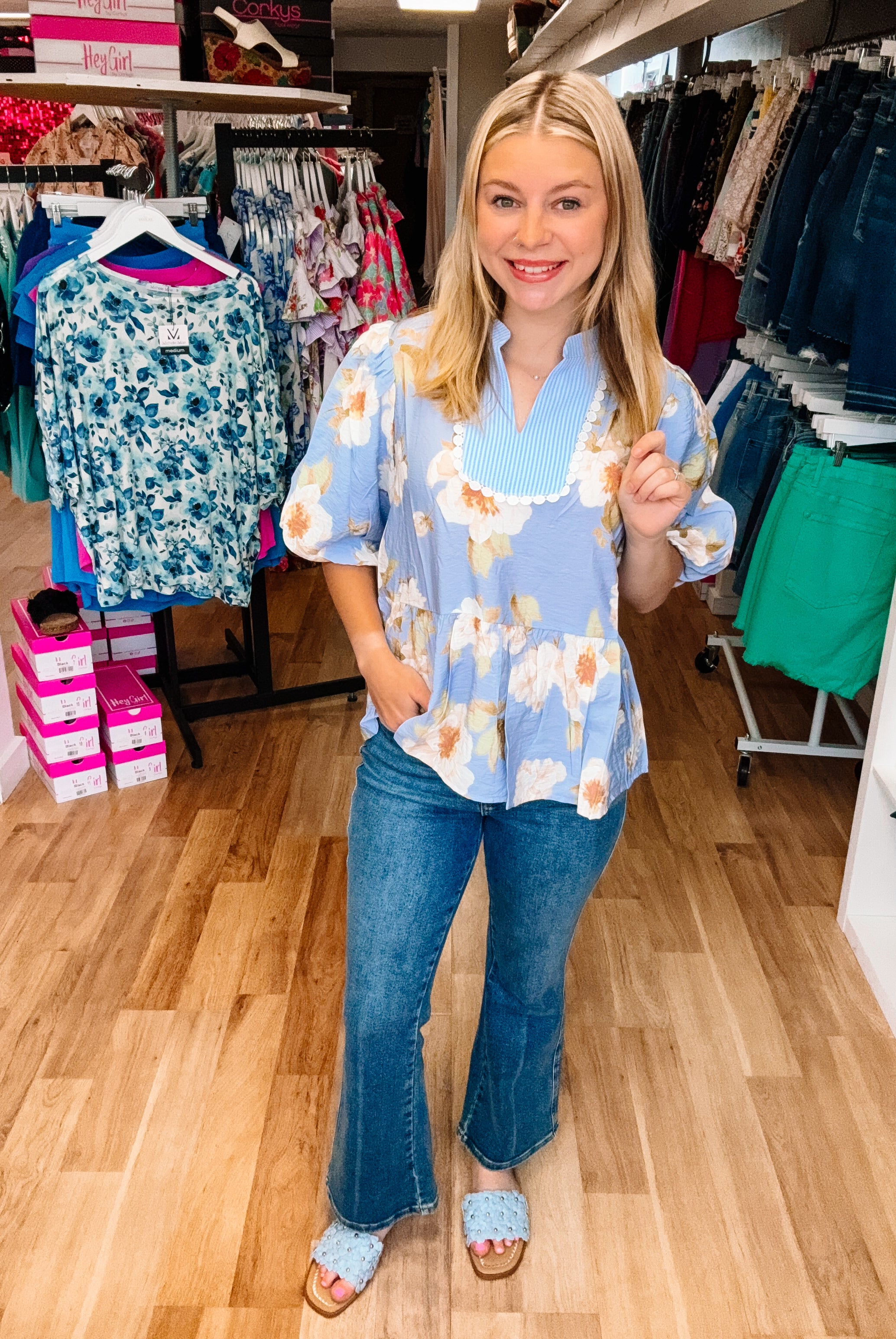 Sunday Stroll Peplum Floral Blouse-Blouses-Dear Me Southern Boutique, located in DeRidder, Louisiana