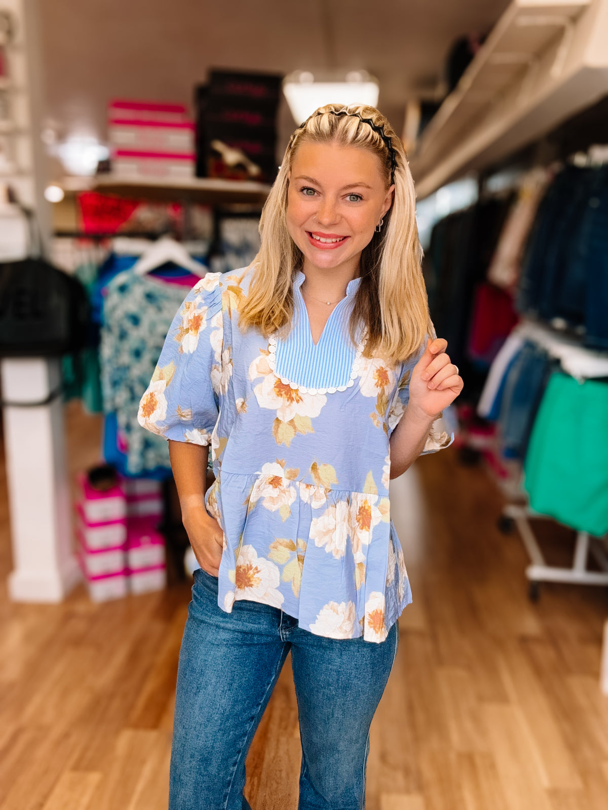 Sunday Stroll Peplum Floral Blouse-Tops-Dear Me Southern Boutique, located in DeRidder, Louisiana