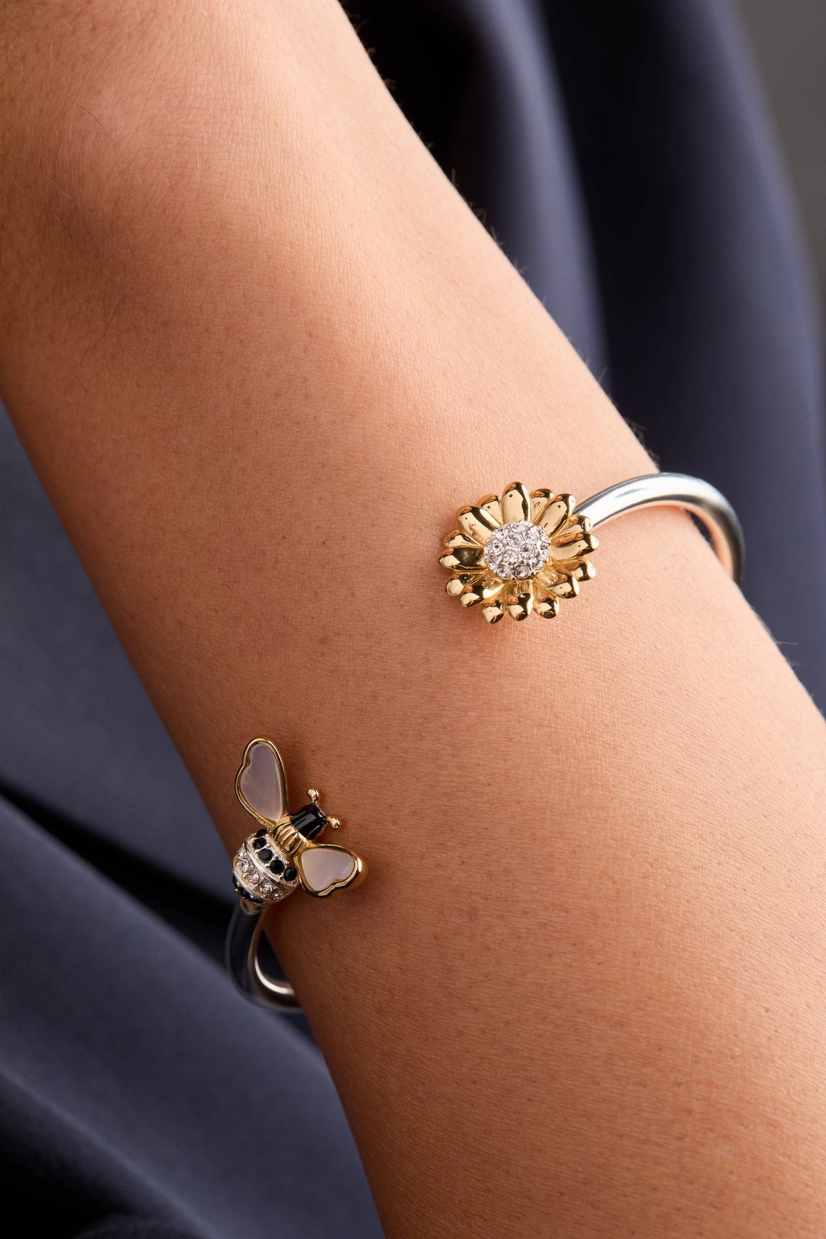 Sunflower & Bee Flex Cuff Bracelet-Jewelry - Bracelets-Dear Me Southern Boutique, located in DeRidder, Louisiana
