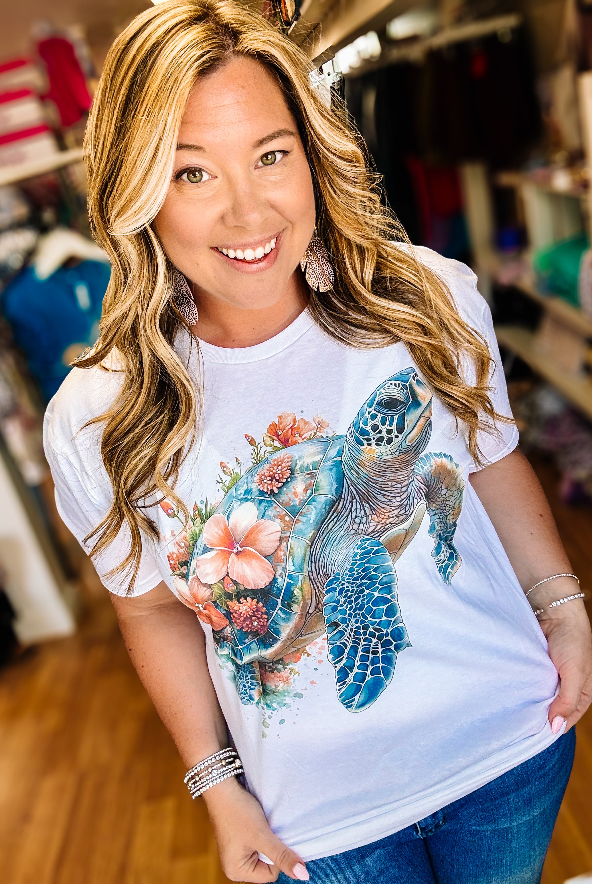Sunset Reef Turtle Bougie Rhinestone Tee-Dear Me Southern Boutique, located in DeRidder, Louisiana
