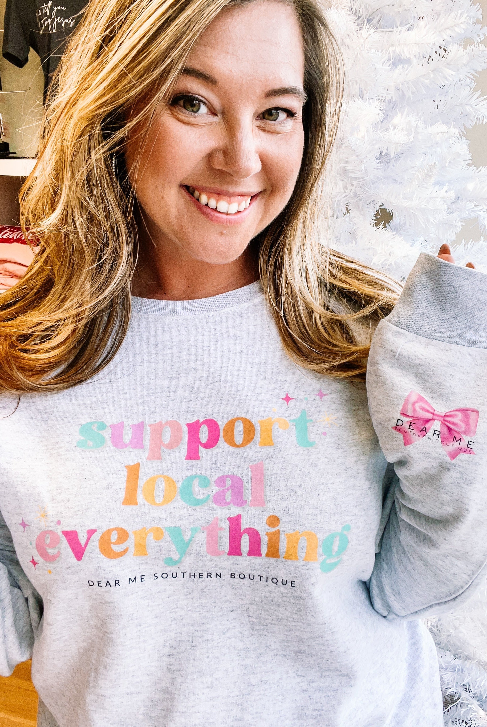 Support Local Everything Pullover-Graphic Tops-Dear Me Southern Boutique, located in DeRidder, Louisiana