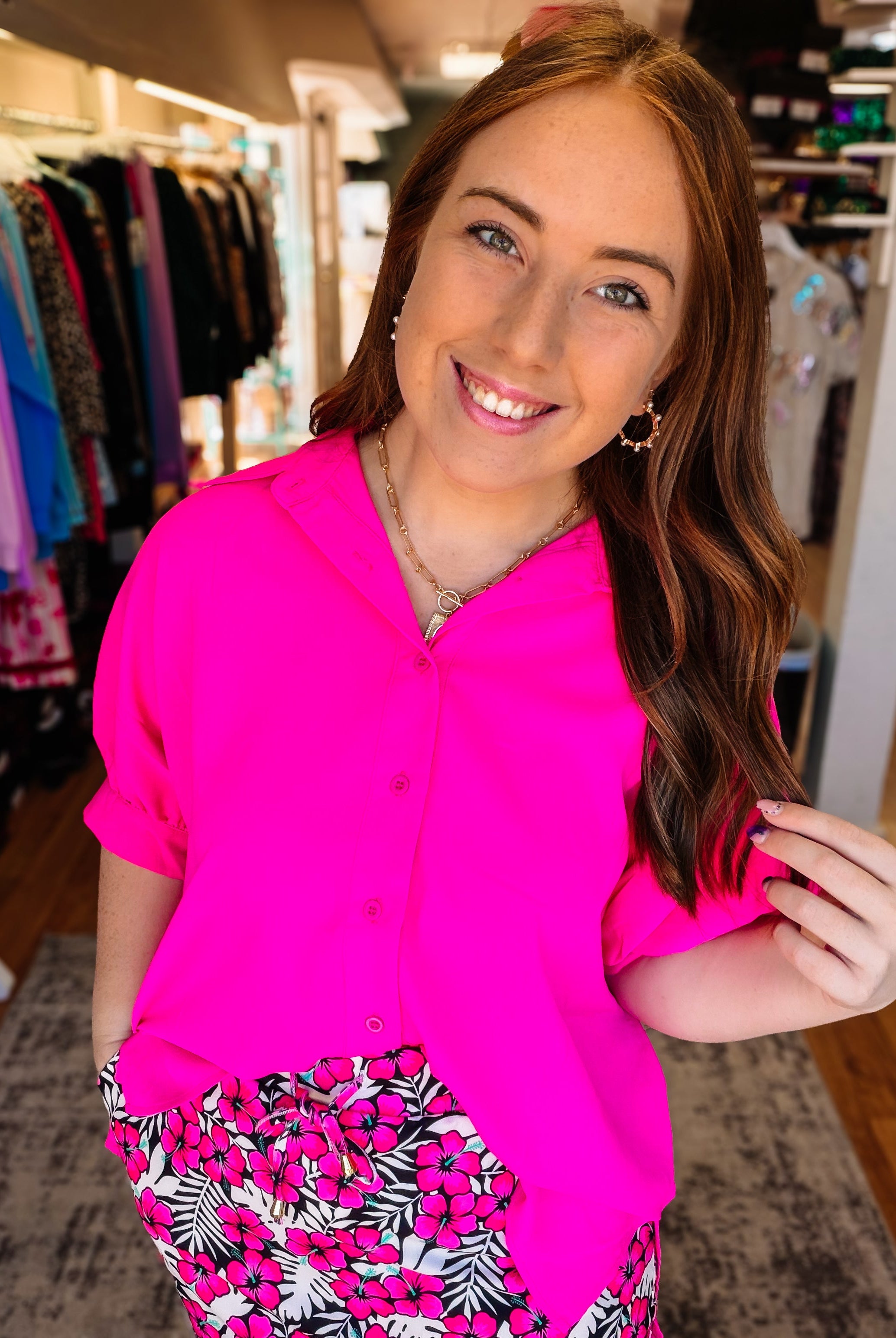 Sutton Button Up Top- Pink-Blouses-Dear Me Southern Boutique, located in DeRidder, Louisiana