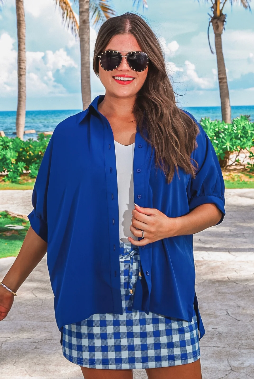 Sutton Button Up Top- Royal Blue-Blouses-Dear Me Southern Boutique, located in DeRidder, Louisiana