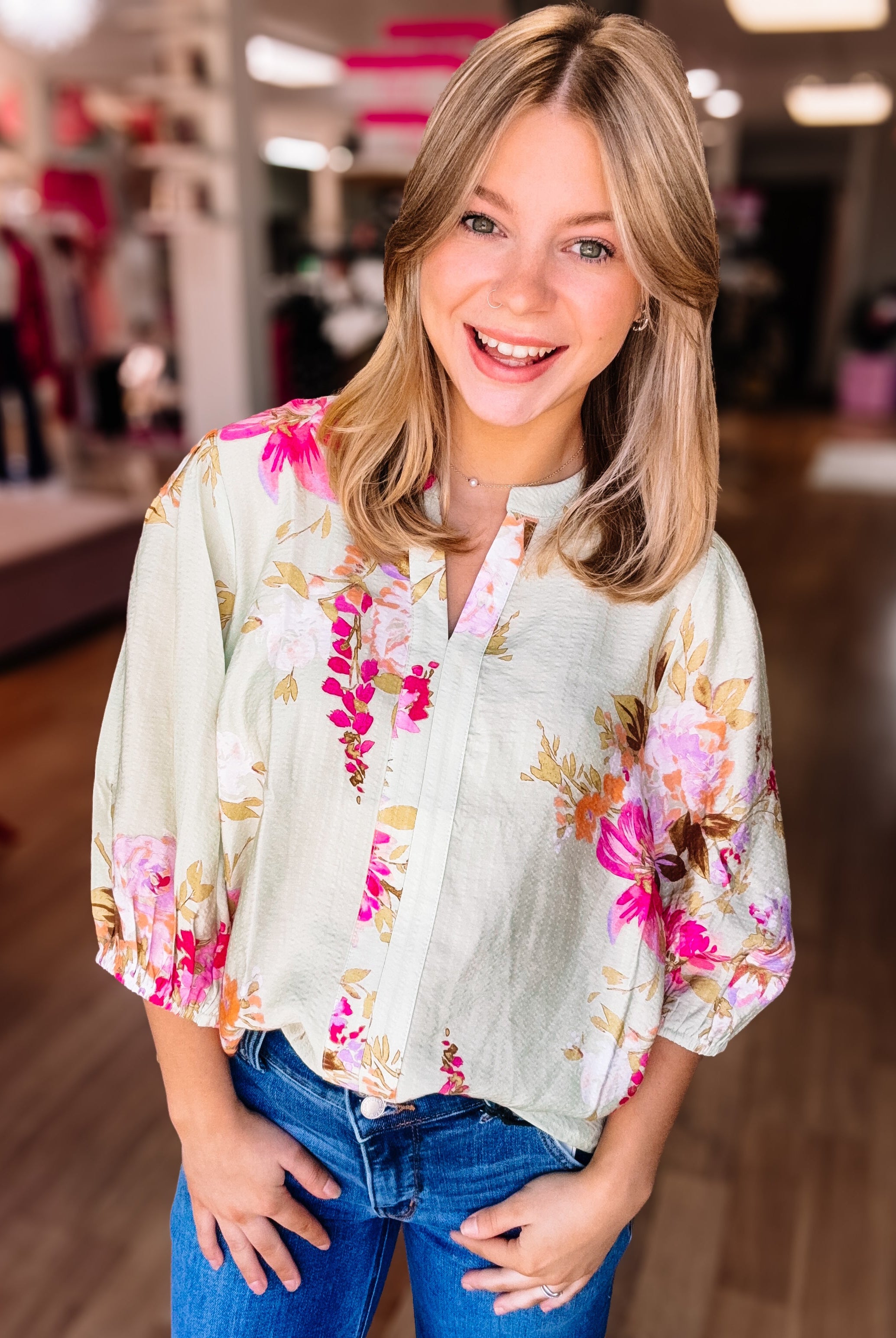 Sweet Magnolia Muse Floral Blouse-Blouses-Dear Me Southern Boutique, located in DeRidder, Louisiana