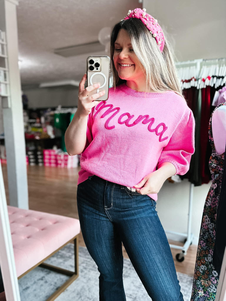 Take A Bow "Mama" Sweater Top - Pink-Tops-Dear Me Southern Boutique, located in DeRidder, Louisiana