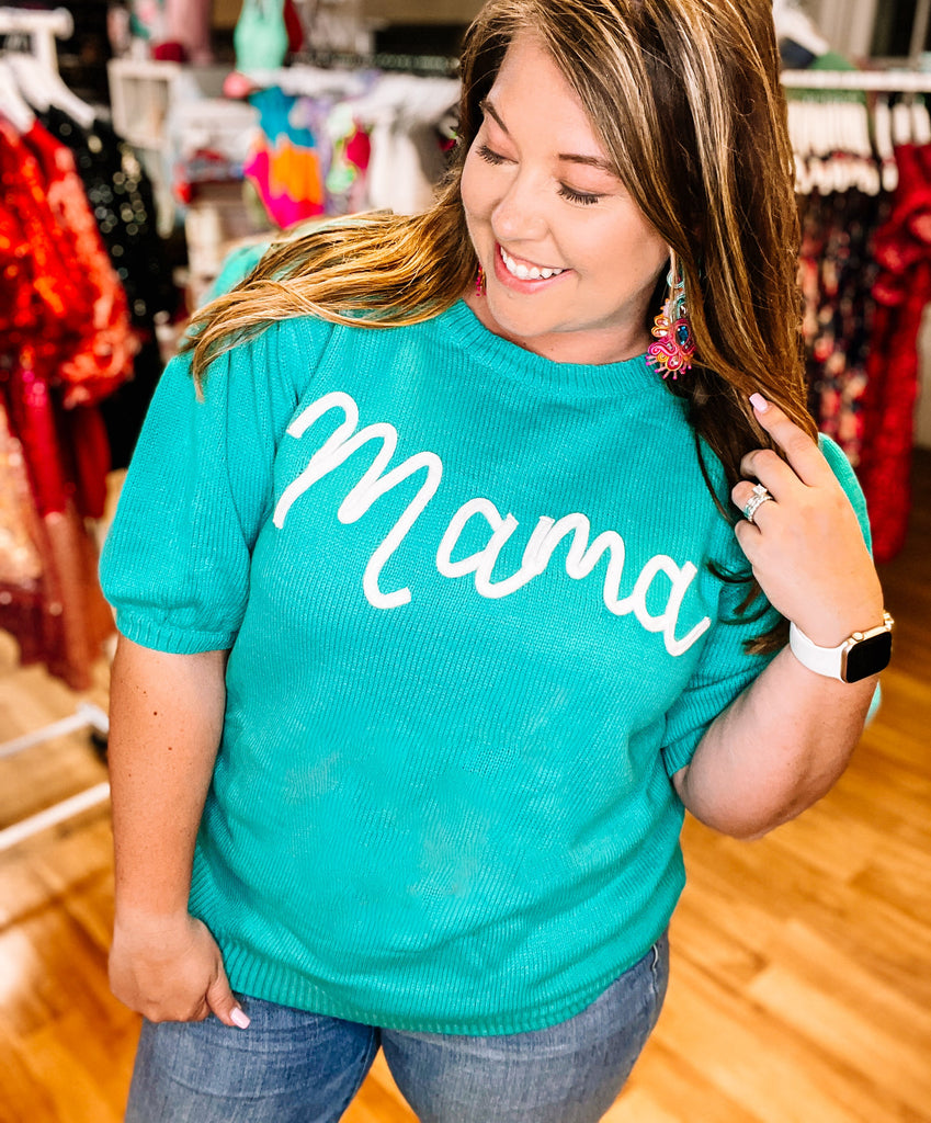 Take A Bow "Mama" Sweater Top - teal-Tops-Dear Me Southern Boutique, located in DeRidder, Louisiana
