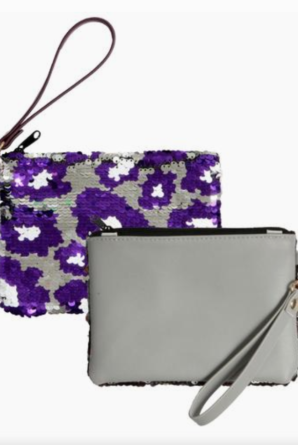 Team Spirit Sequined Wristlet- Purple & Gray-Wristlets-Dear Me Southern Boutique, located in DeRidder, Louisiana