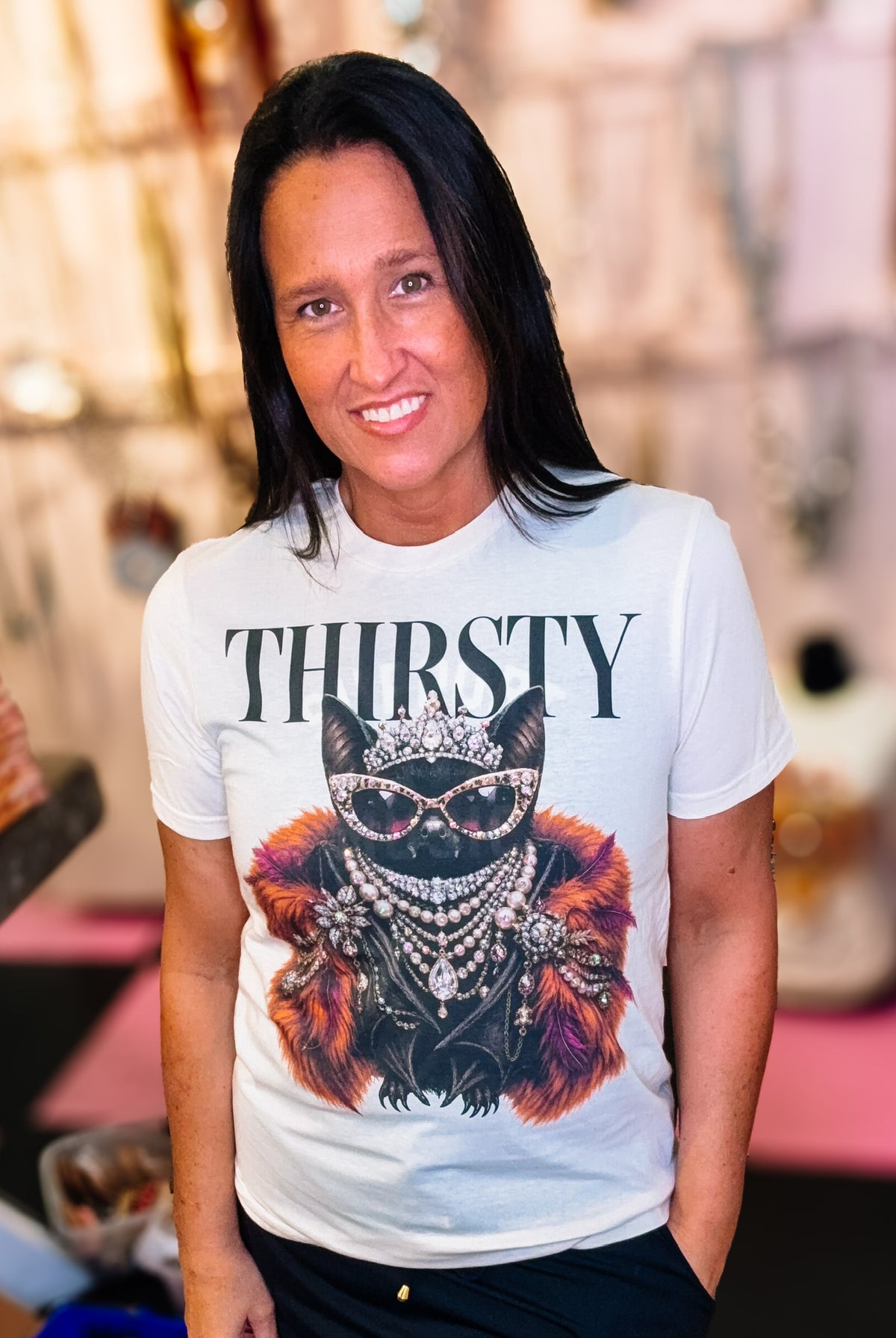 Thirsty & Batty Bougie Rhinestone Tee-Graphic Tees-Dear Me Southern Boutique, located in DeRidder, Louisiana