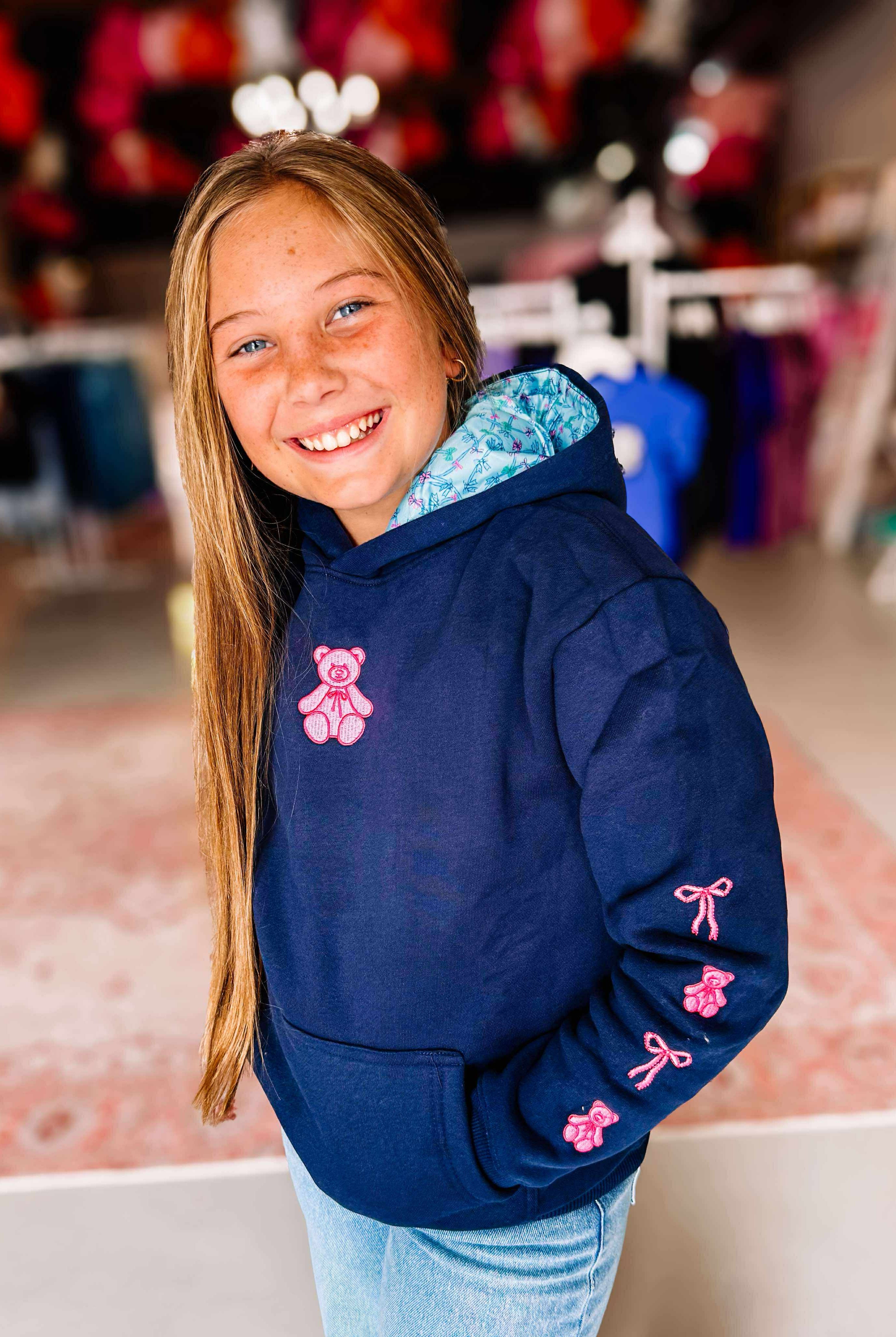 Tickled Pink Bear Kids Hoodie-Pullover-Dear Me Southern Boutique, located in DeRidder, Louisiana