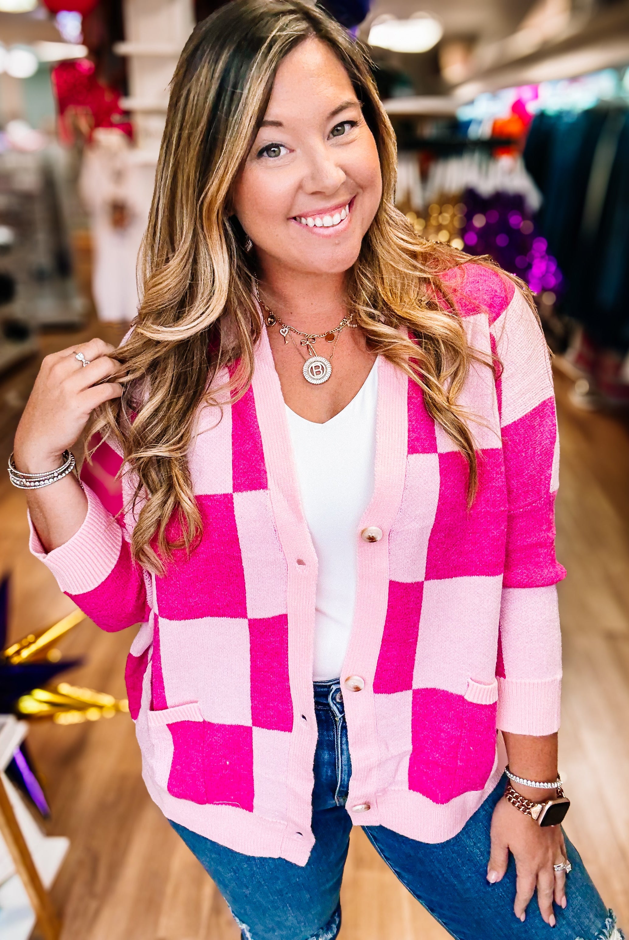 Tickled Pink Checkered Cardigan-Dear Me Southern Boutique, located in DeRidder, Louisiana