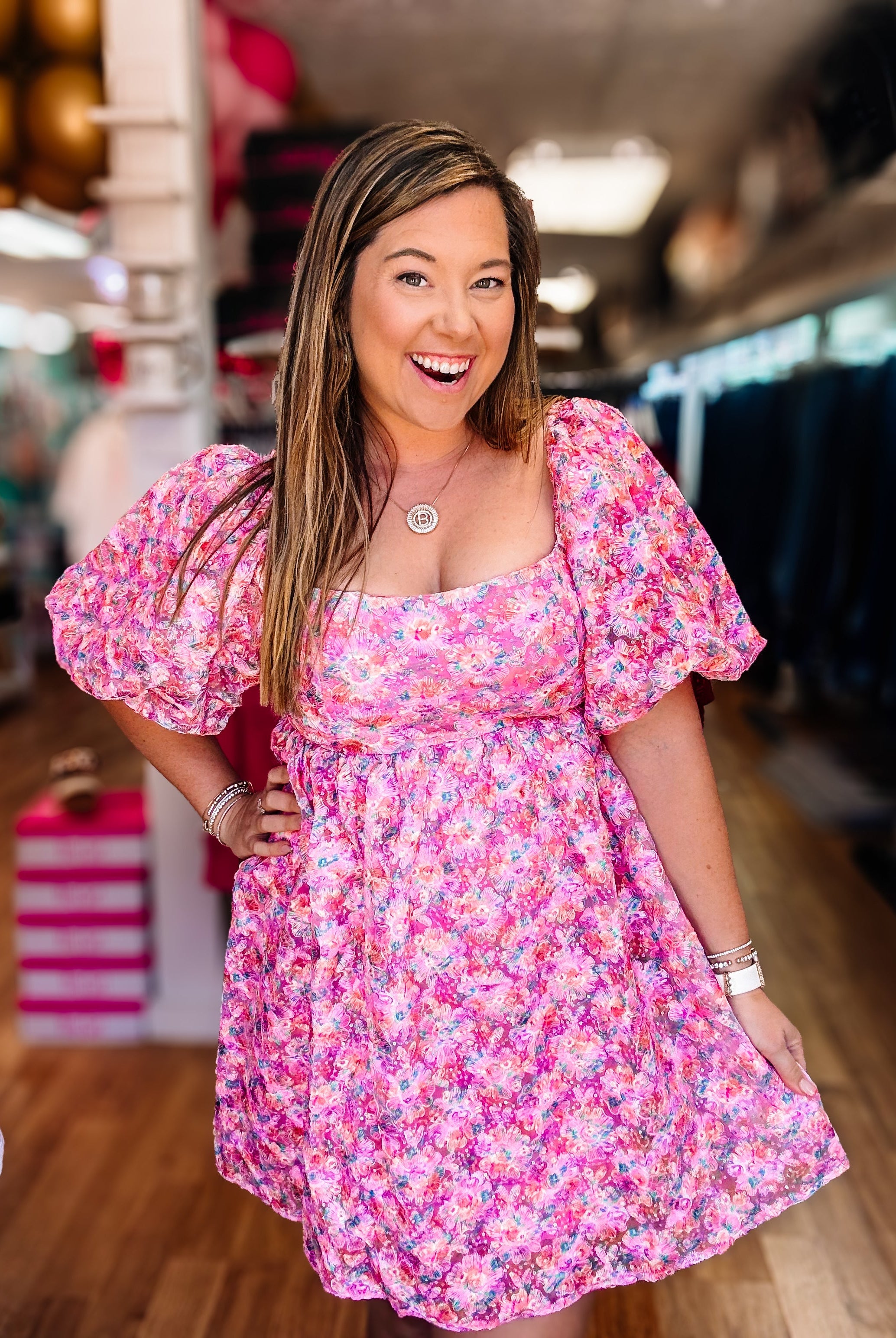 Tickled Pink Sequin Floral Mini Dress-Mini Dresses-Dear Me Southern Boutique, located in DeRidder, Louisiana