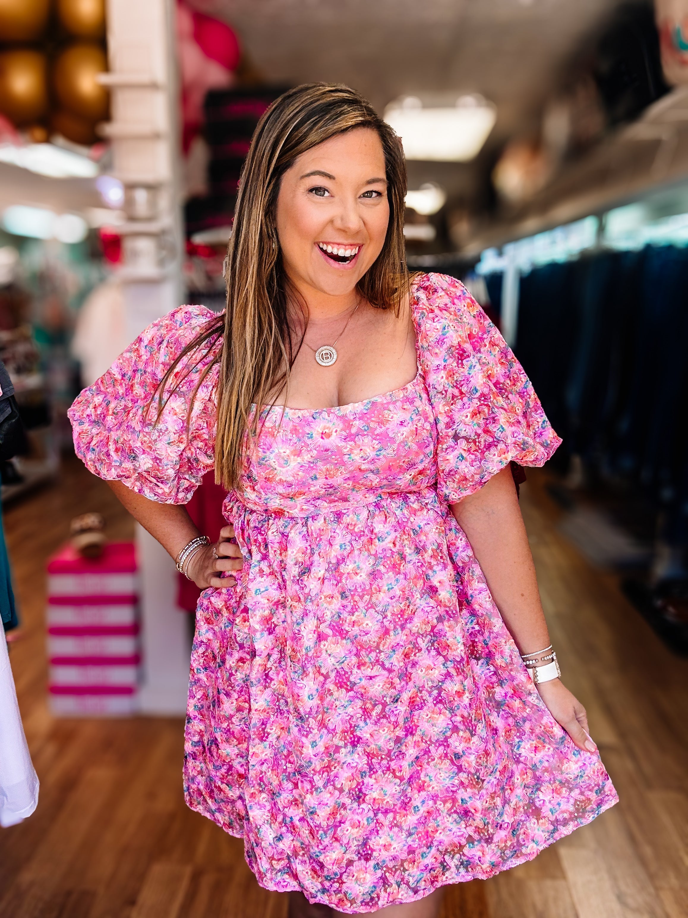 Tickled Pink Sequin Floral Mini Dress-Mini Dresses-Dear Me Southern Boutique, located in DeRidder, Louisiana