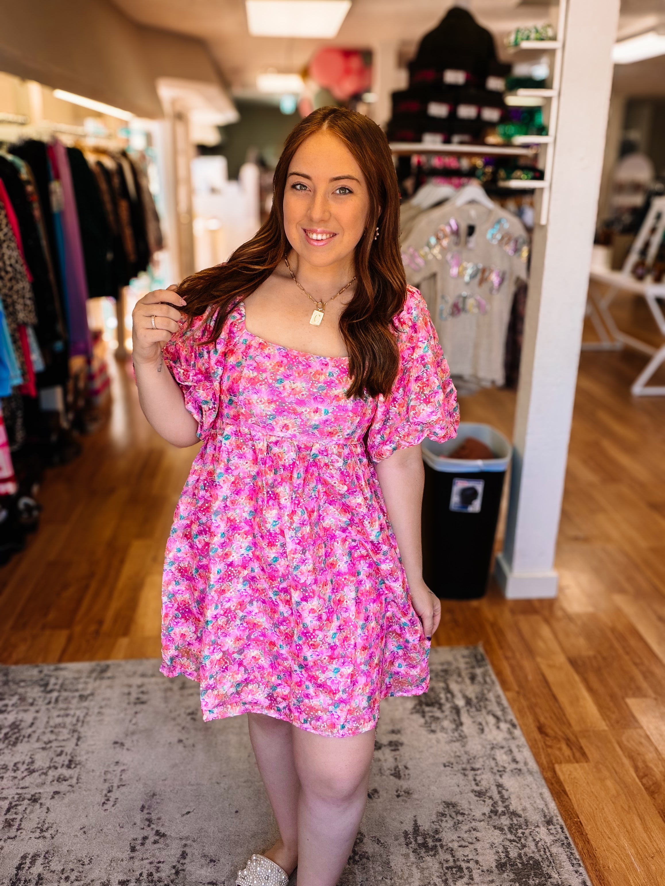 Tickled Pink Sequin Floral Mini Dress-Mini Dresses-Dear Me Southern Boutique, located in DeRidder, Louisiana