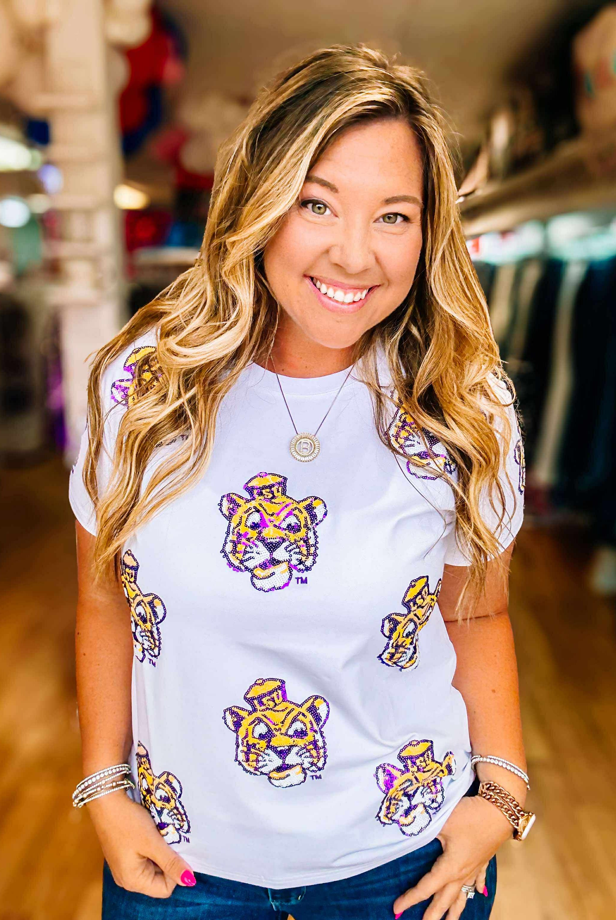 Tiger Blitz Sequin Top-Graphic Tops-Dear Me Southern Boutique, located in DeRidder, Louisiana