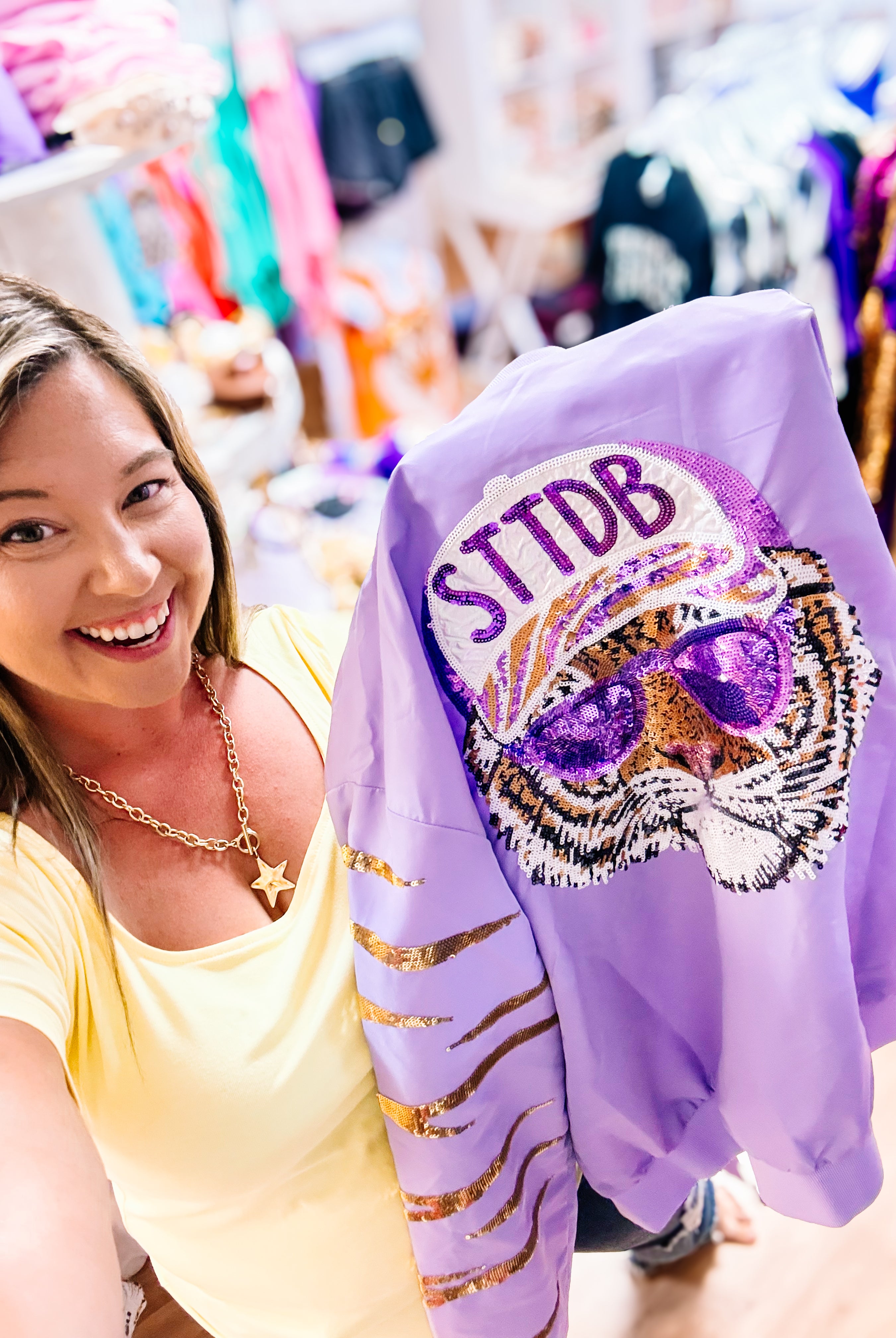Tiger Stripe STTDB Sequin Bomber Jacket-Jackets-Dear Me Southern Boutique, located in DeRidder, Louisiana