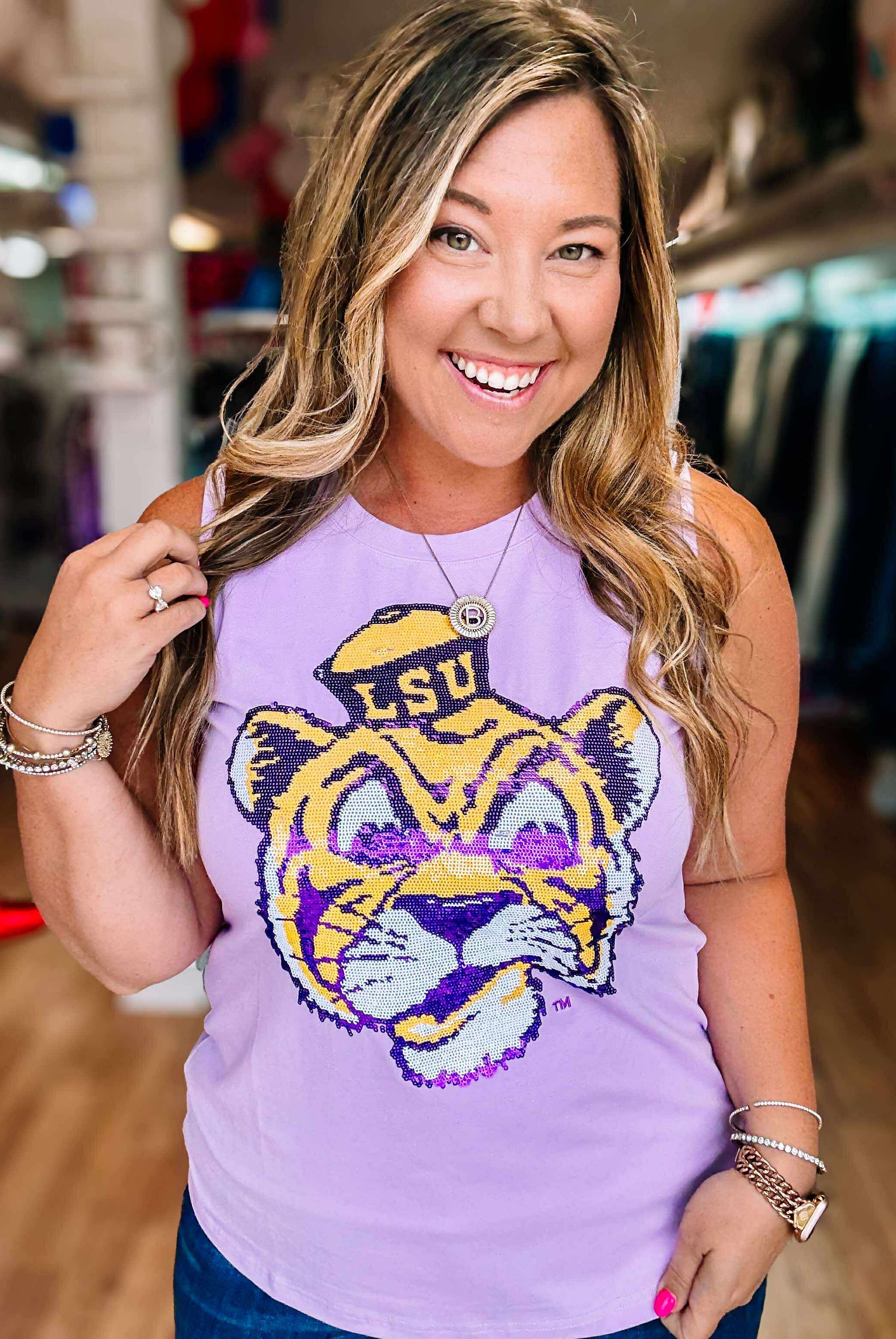 Tiger Town Throwback Sequin Tank-Graphic Tops-Dear Me Southern Boutique, located in DeRidder, Louisiana