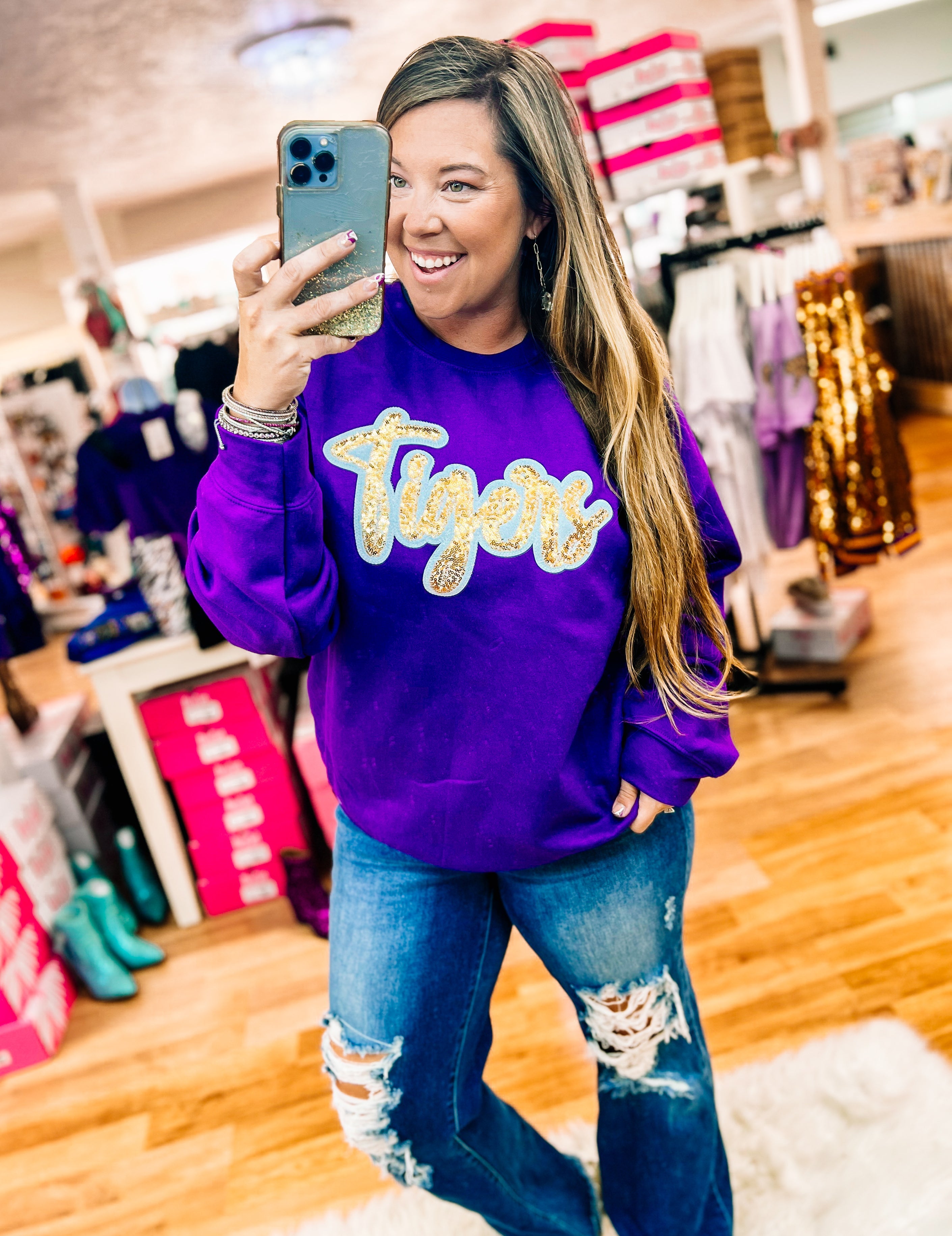 Tigers Sequin Spirit Sweatshirt-Sweaters-Dear Me Southern Boutique, located in DeRidder, Louisiana