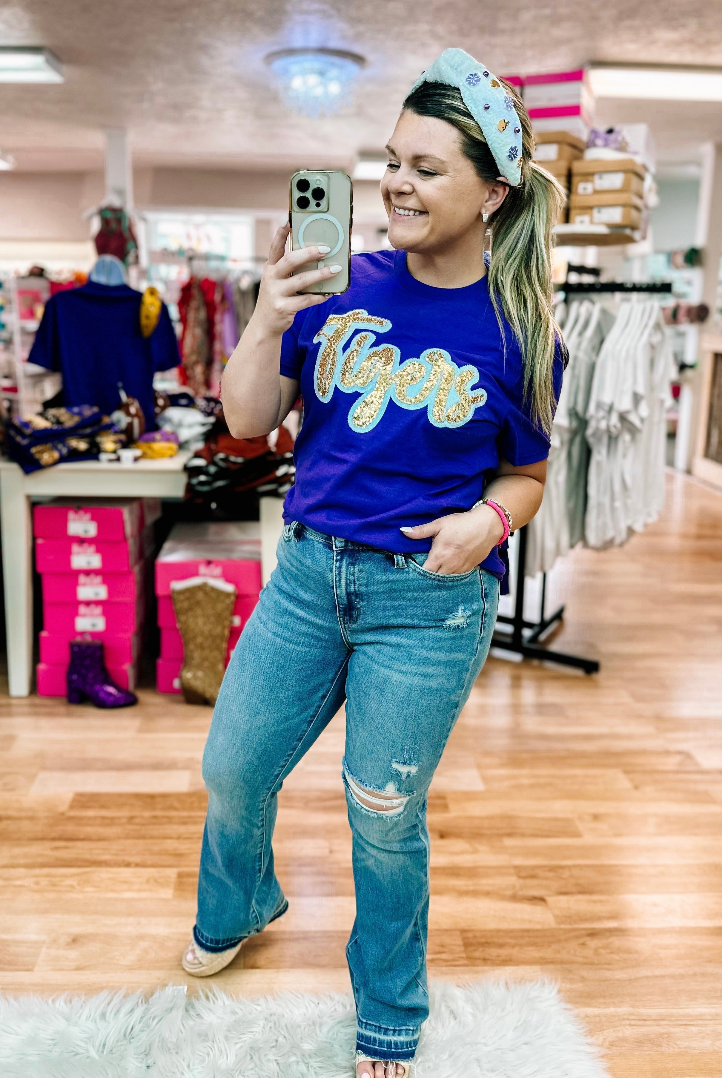 Tigers Sequin Spirit Tee-Graphic Tops-Dear Me Southern Boutique, located in DeRidder, Louisiana
