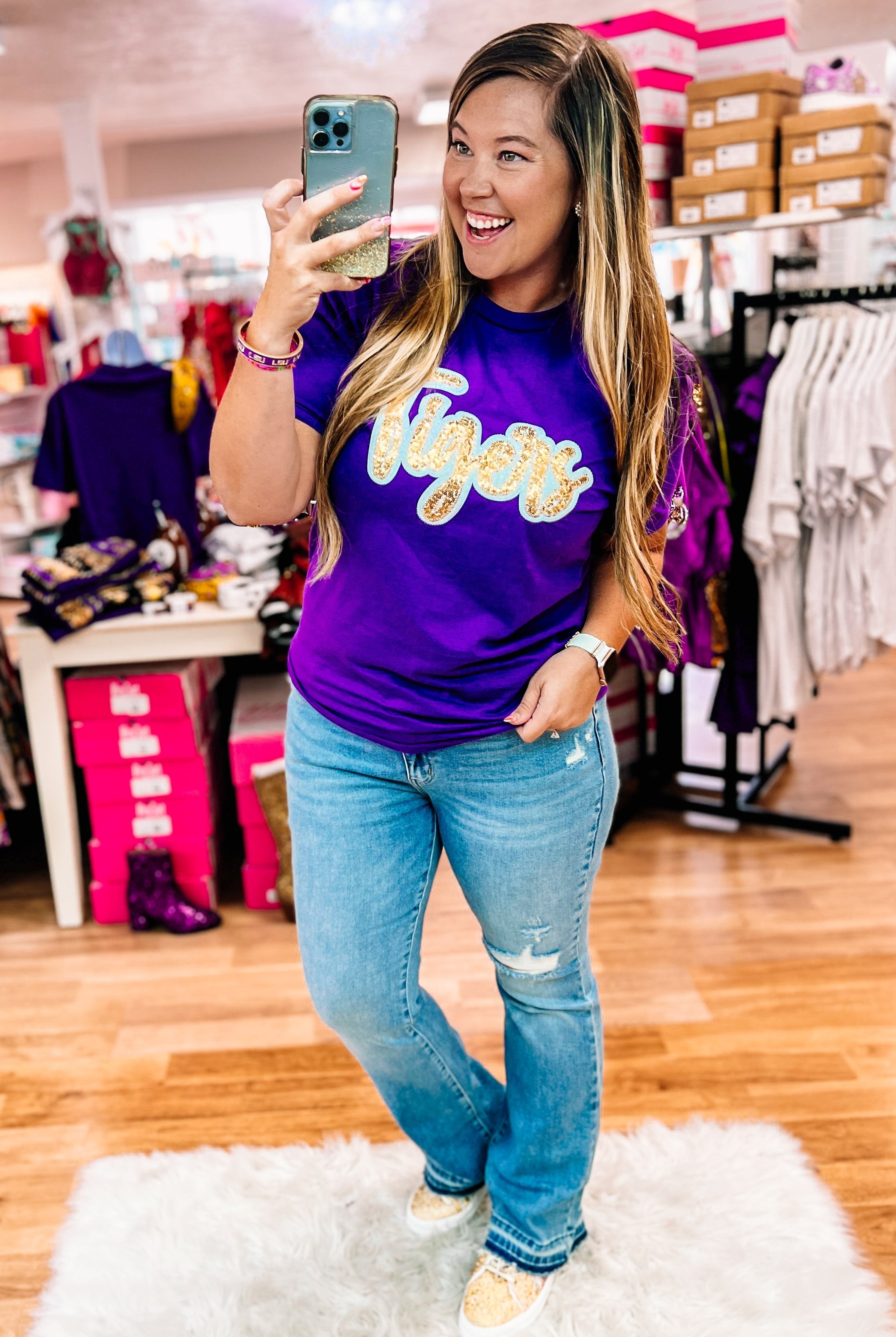 Tigers Sequin Spirit Tee-Graphic Tops-Dear Me Southern Boutique, located in DeRidder, Louisiana