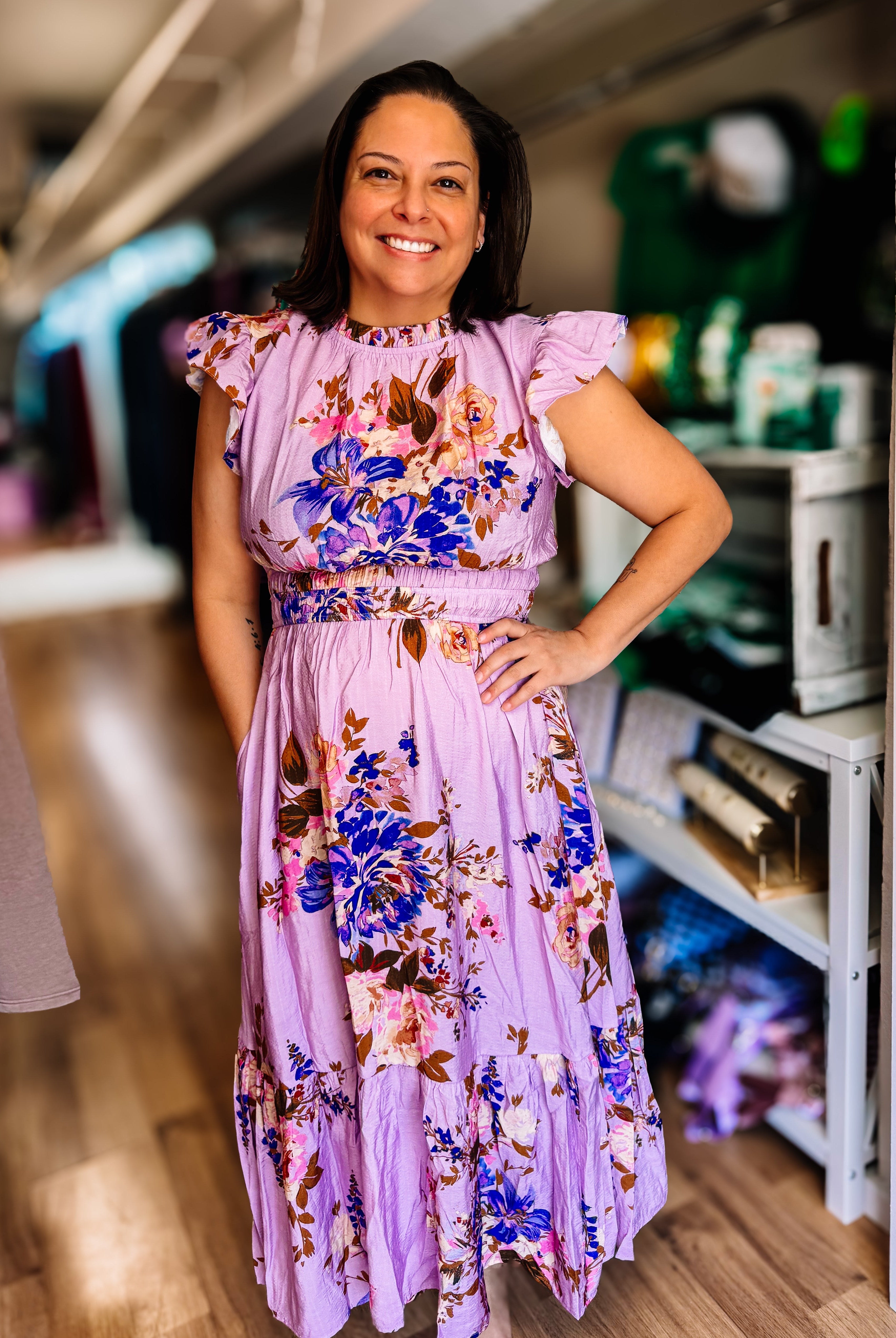 Twirl Me in Lilac Floral Midi Dress-Blouses-Dear Me Southern Boutique, located in DeRidder, Louisiana