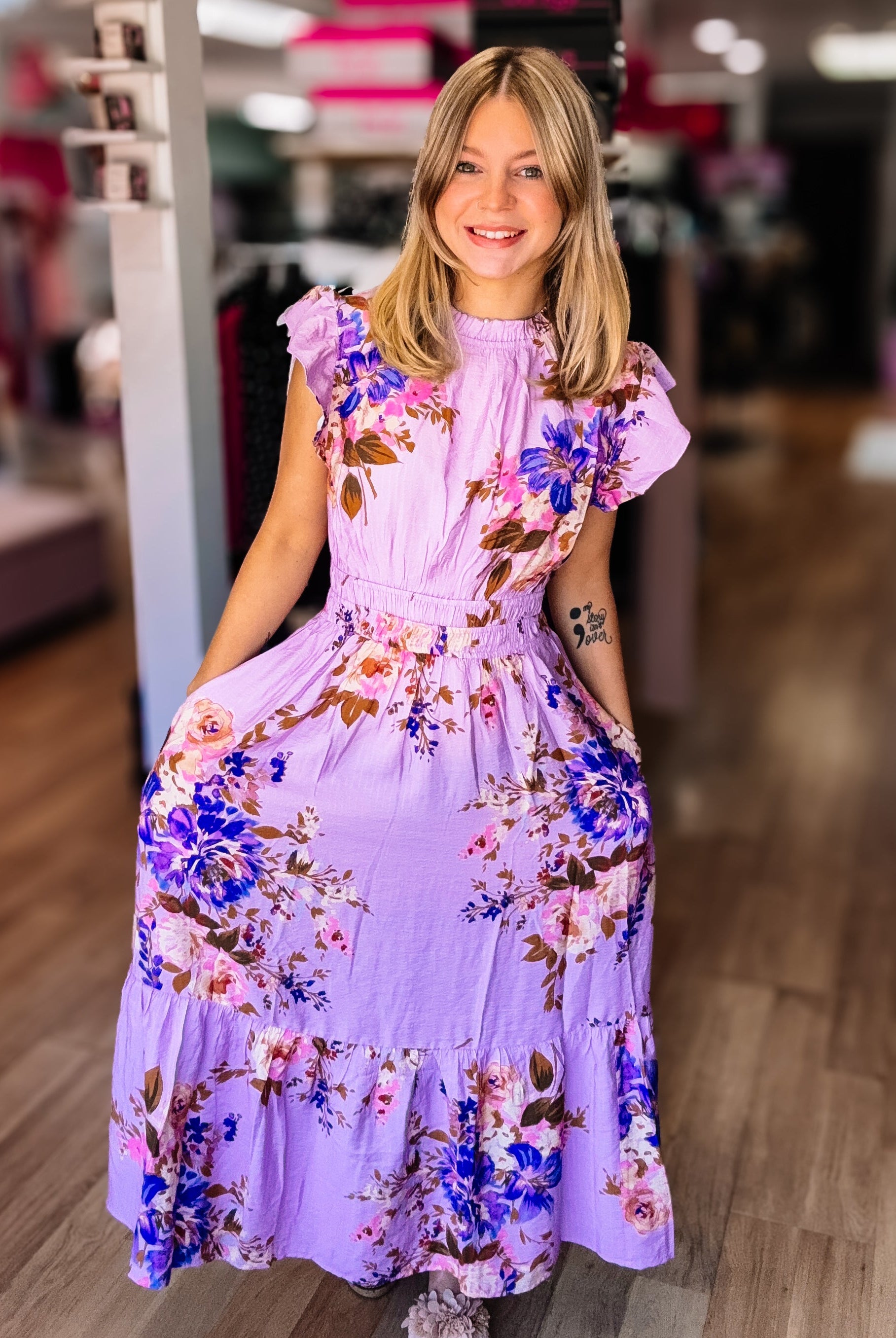 Twirl Me in Lilac Floral Midi Dress-Blouses-Dear Me Southern Boutique, located in DeRidder, Louisiana