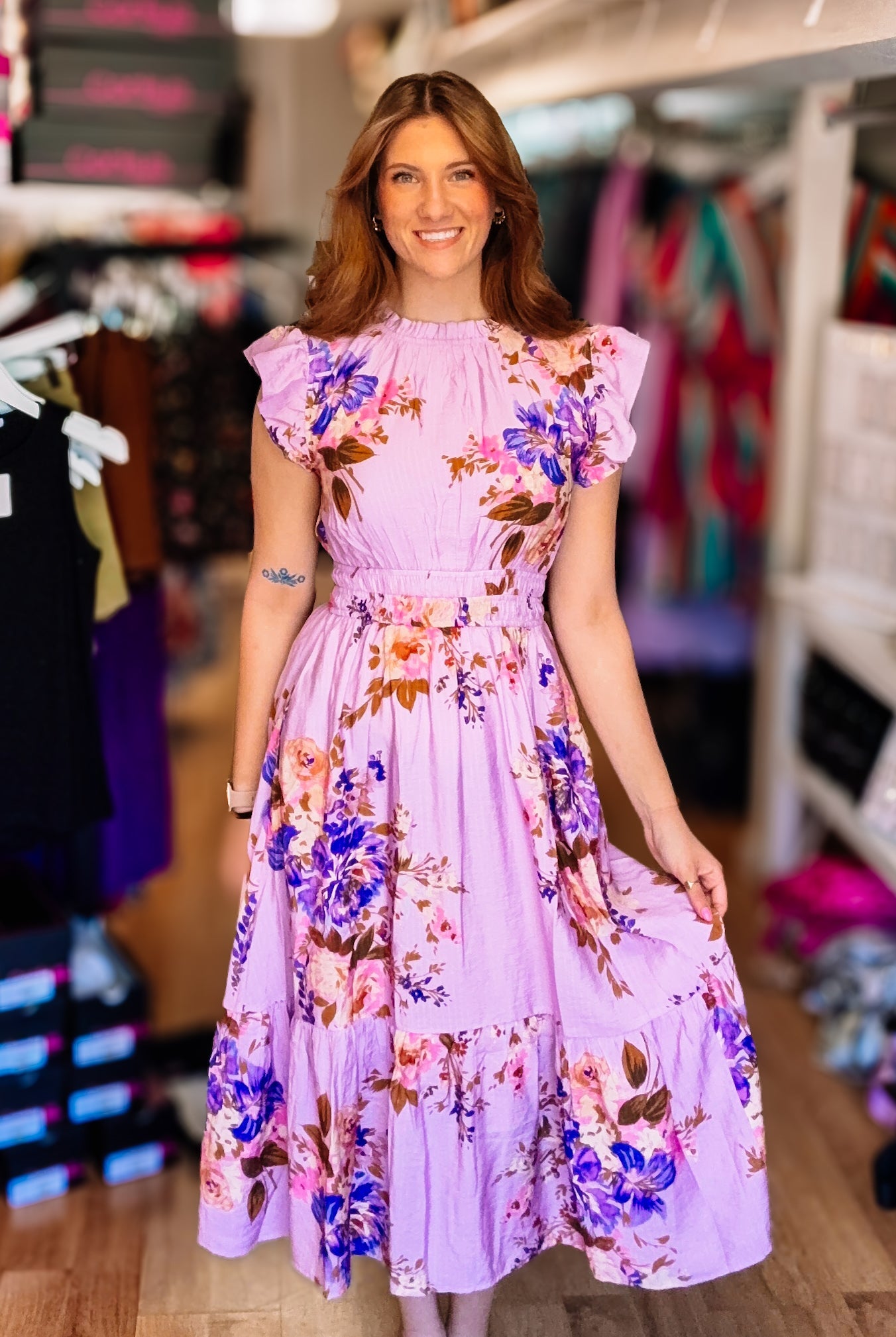 Twirl Me in Lilac Floral Midi Dress-Dresses-Dear Me Southern Boutique, located in DeRidder, Louisiana