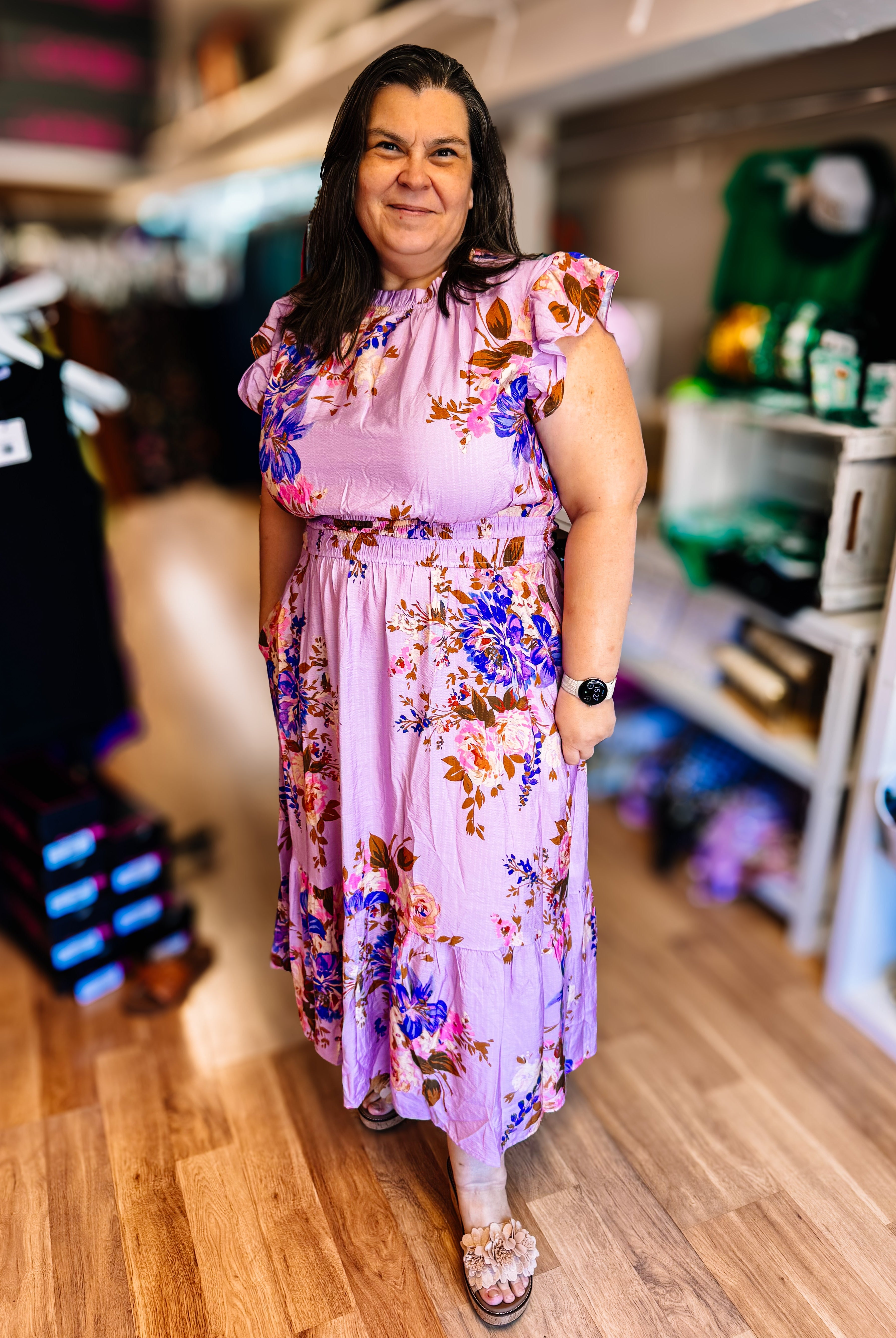 Twirl Me in Lilac Floral Midi Dress-Dresses-Dear Me Southern Boutique, located in DeRidder, Louisiana