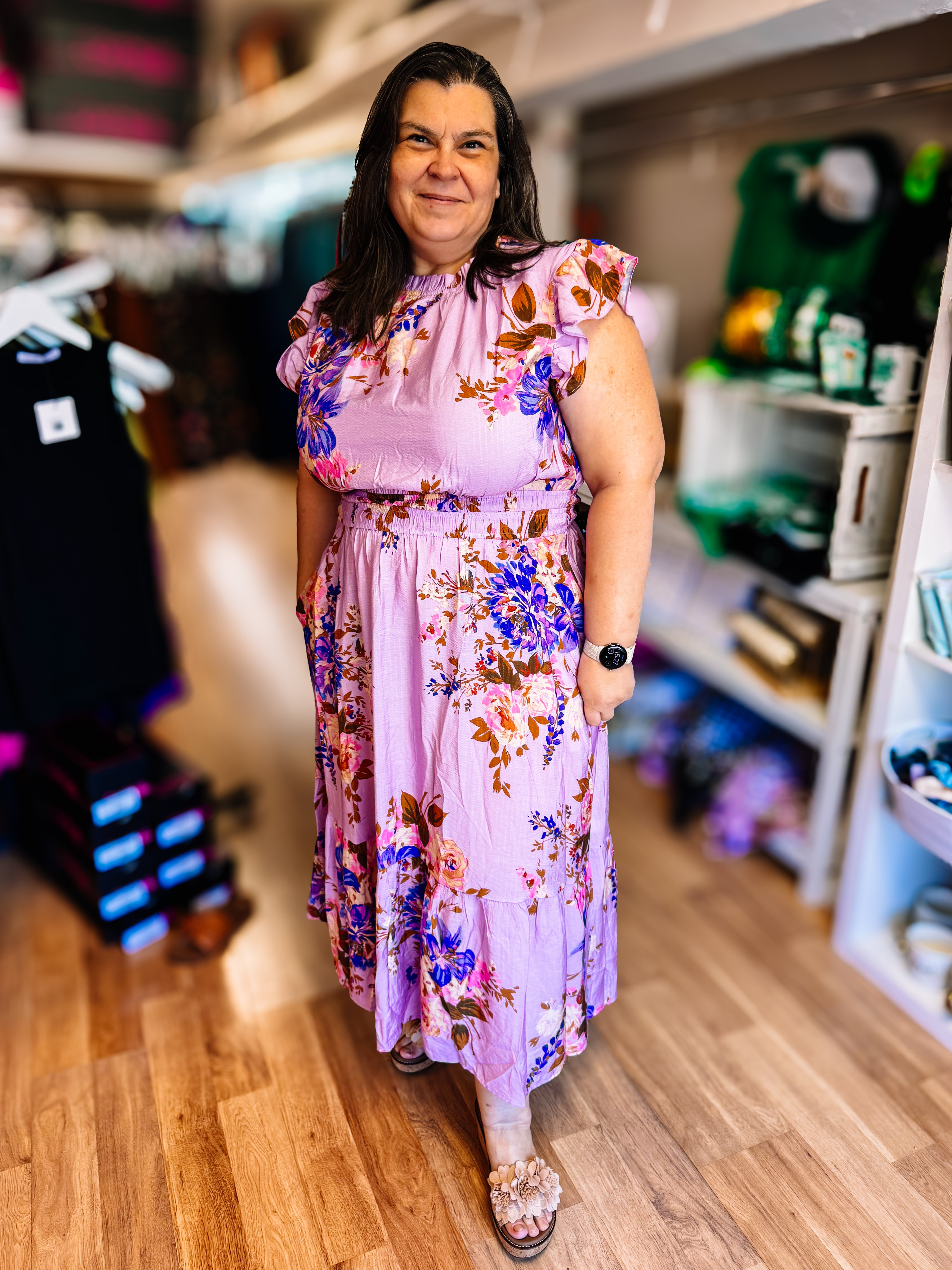 Twirl Me in Lilac Floral Midi Dress-Dresses-Dear Me Southern Boutique, located in DeRidder, Louisiana