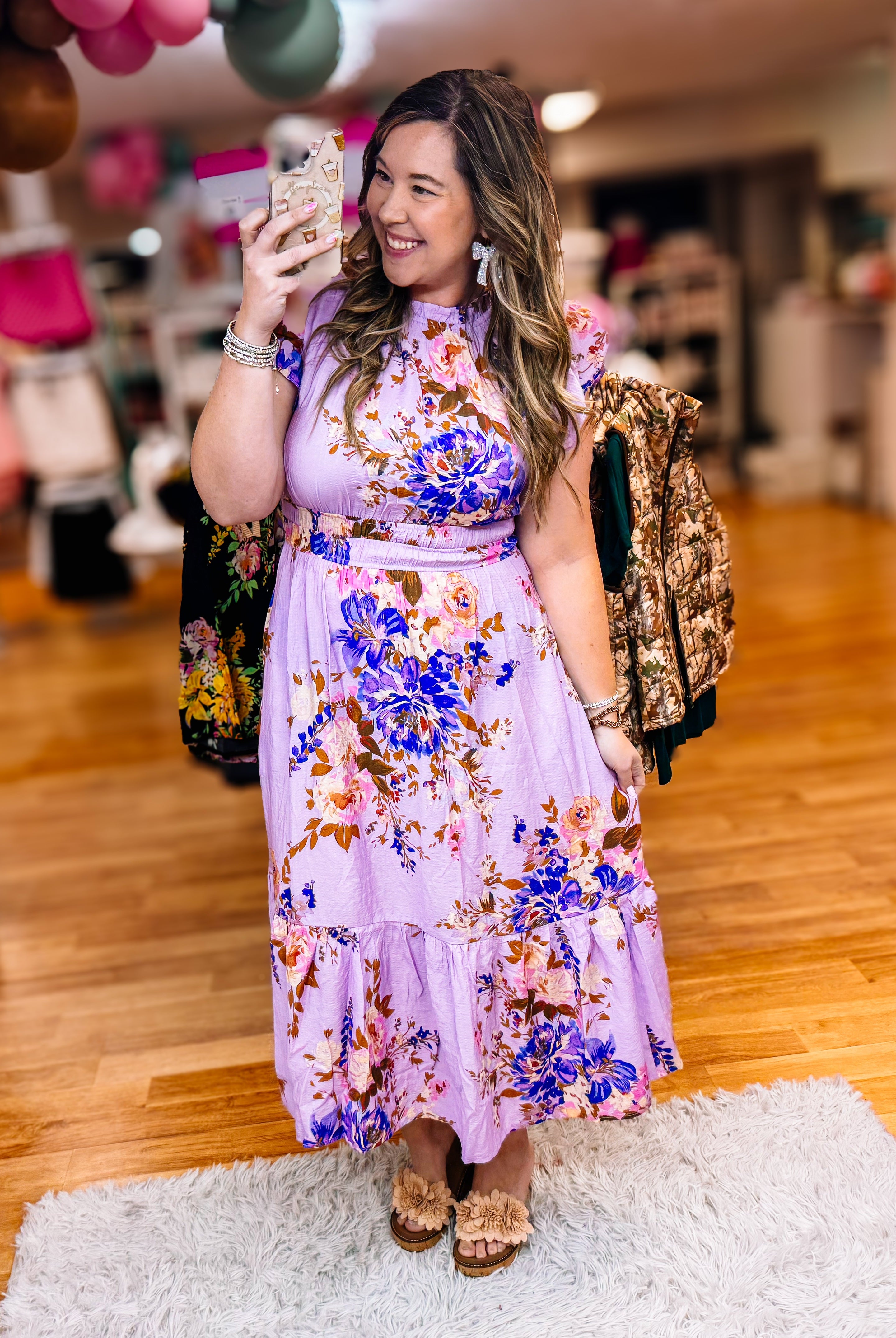 Twirl Me in Lilac Floral Midi Dress-Dresses-Dear Me Southern Boutique, located in DeRidder, Louisiana