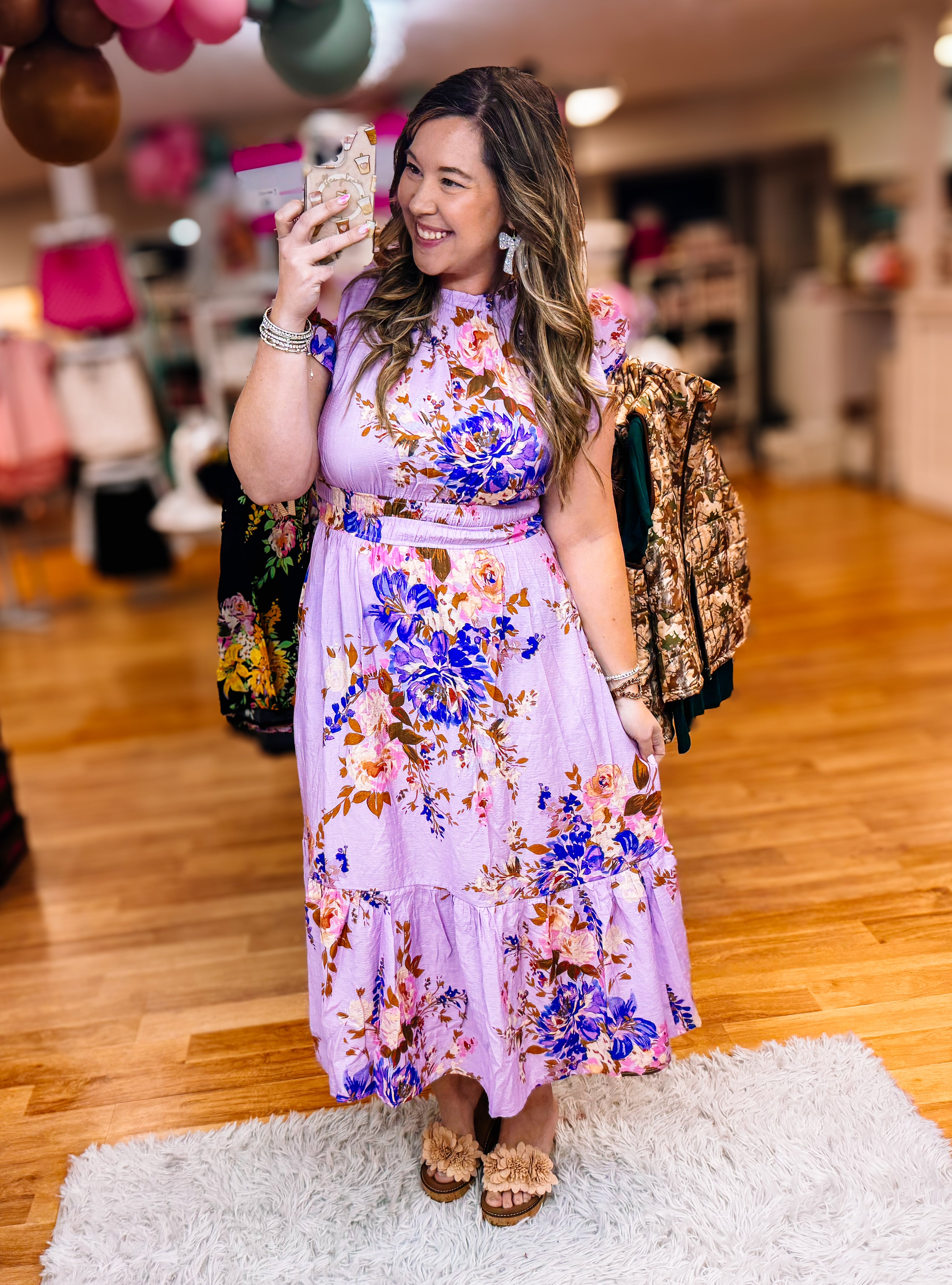 Twirl Me in Lilac Floral Midi Dress-Dresses-Dear Me Southern Boutique, located in DeRidder, Louisiana