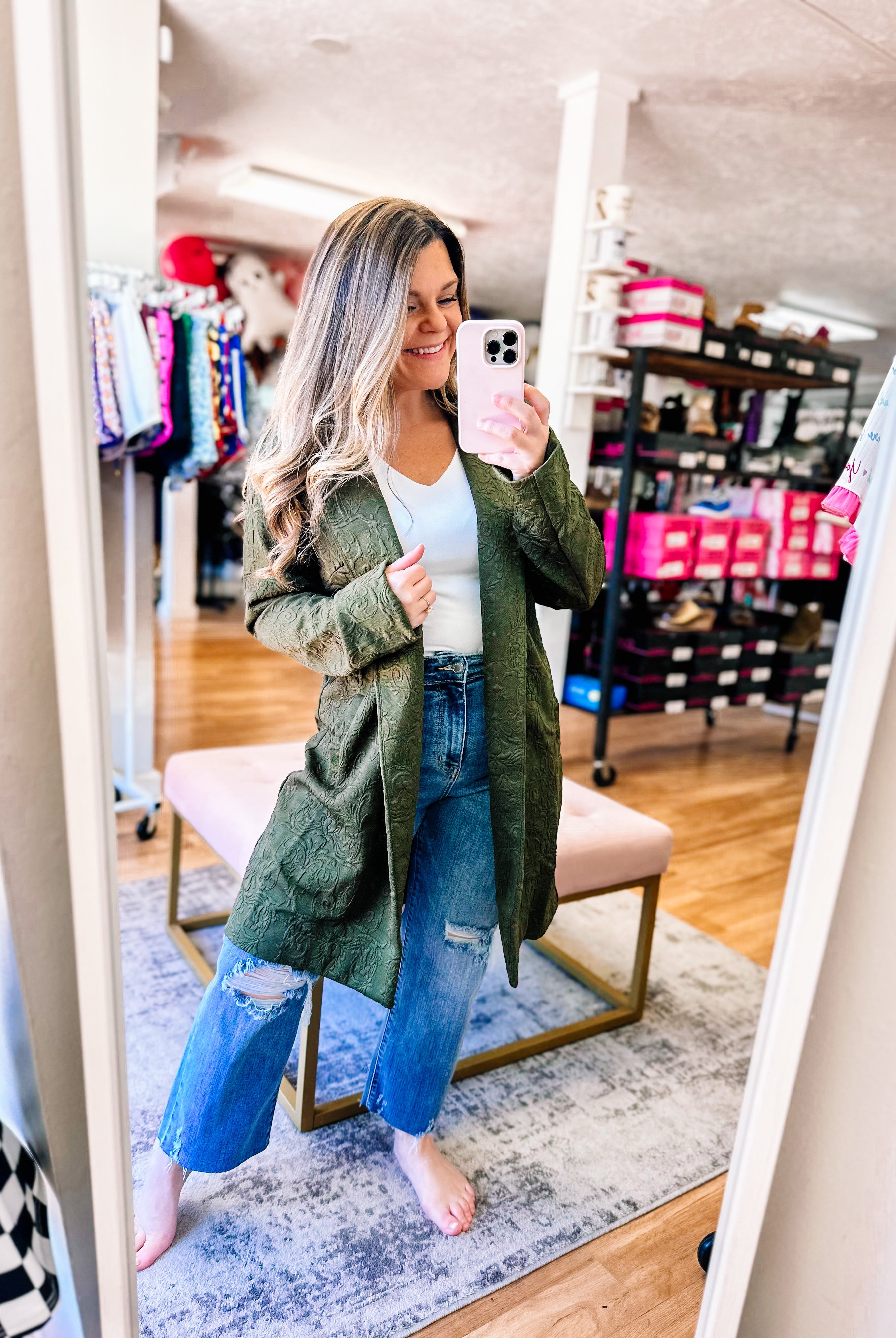 Uptown Midi Coat - Olive-Dear Me Southern Boutique, located in DeRidder, Louisiana