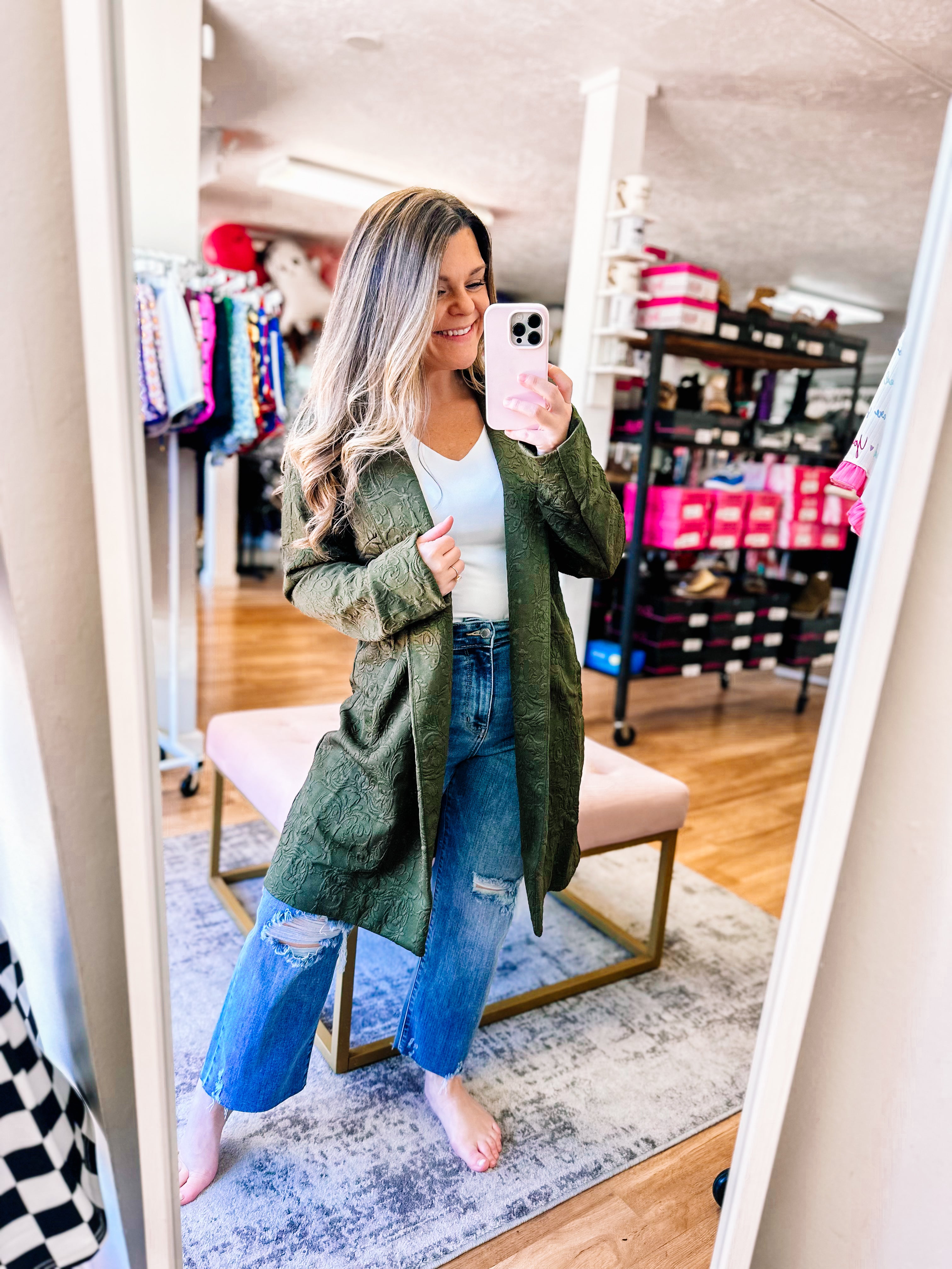 Uptown Midi Coat - Olive-Dear Me Southern Boutique, located in DeRidder, Louisiana