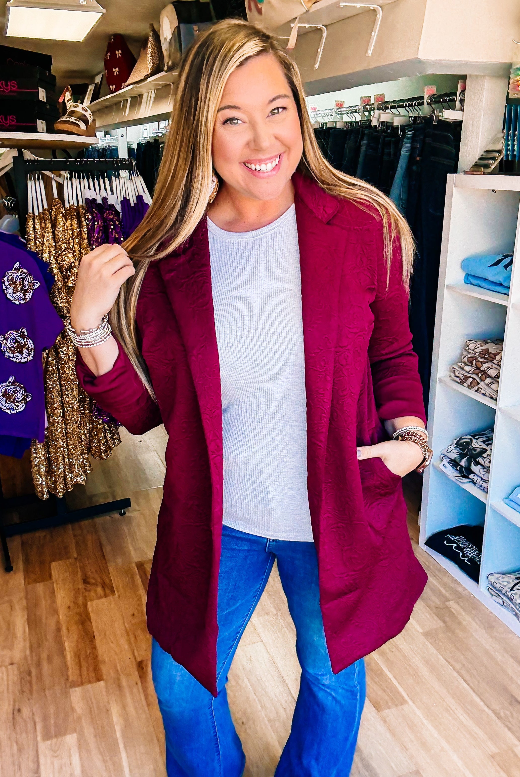 Uptown Midi Coat - Wine-Jackets-Dear Me Southern Boutique, located in DeRidder, Louisiana