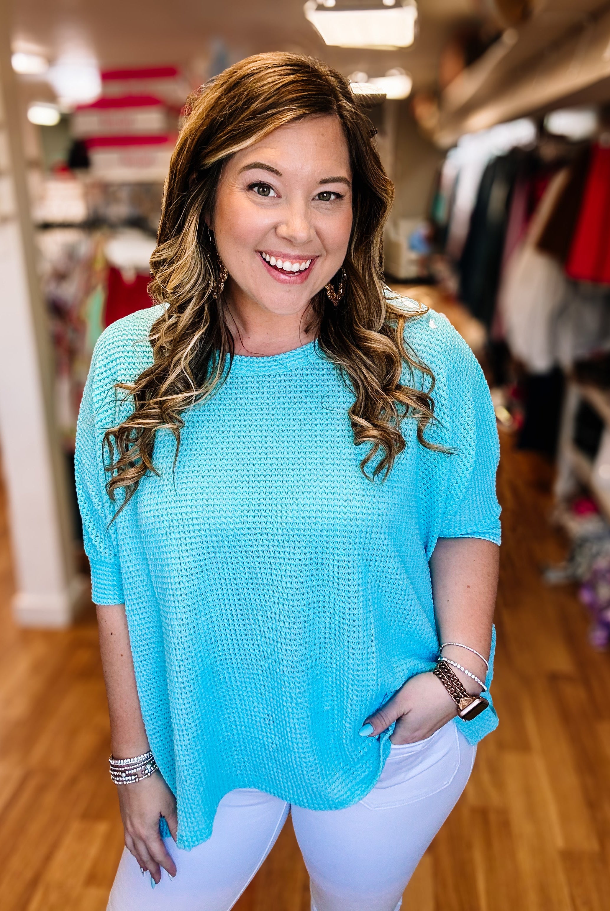 Waffle Knit Dolman Poncho Top - Aqua-Blouses-Dear Me Southern Boutique, located in DeRidder, Louisiana