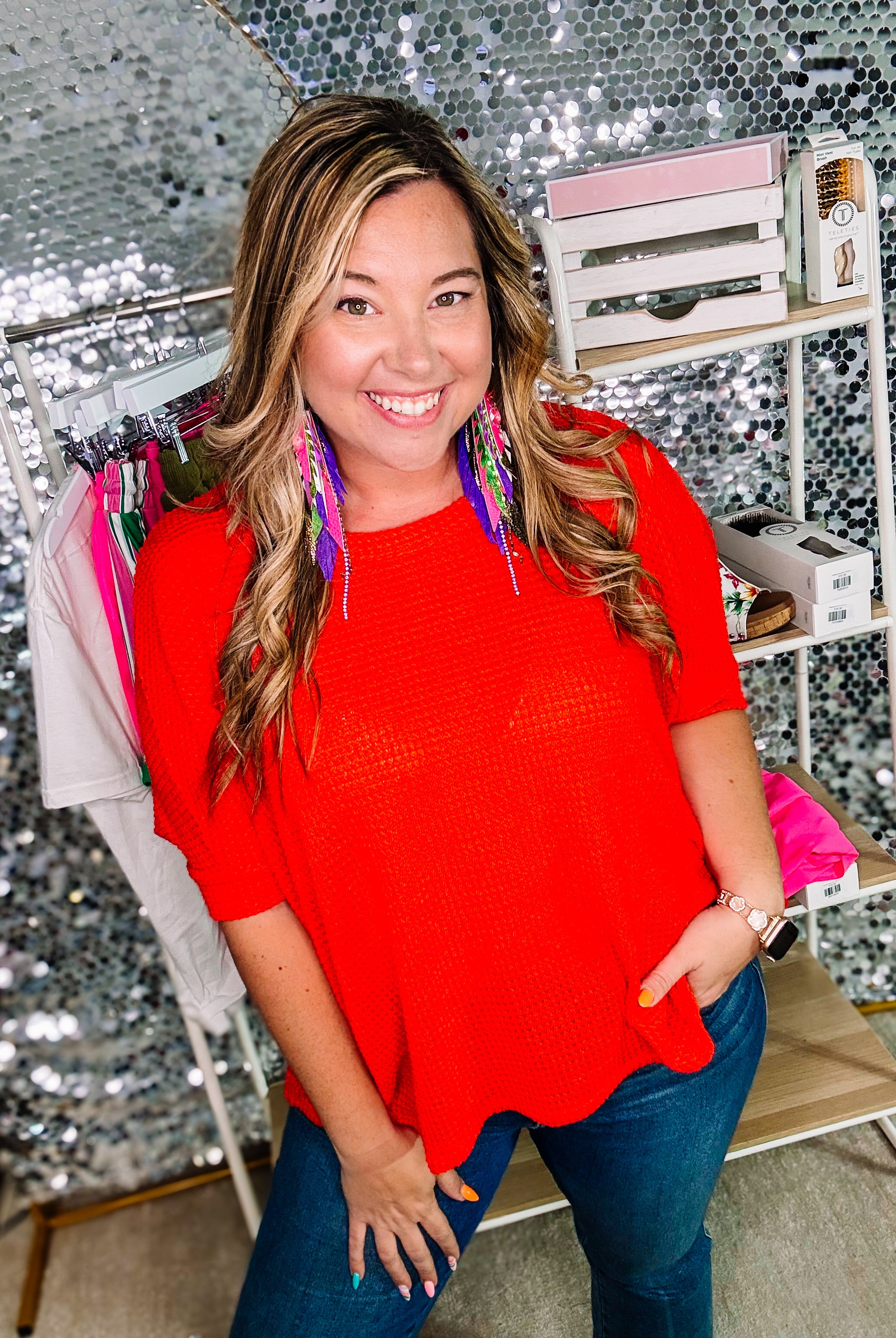 Waffle Knit Dolman Poncho Top -Red-Blouses-Dear Me Southern Boutique, located in DeRidder, Louisiana