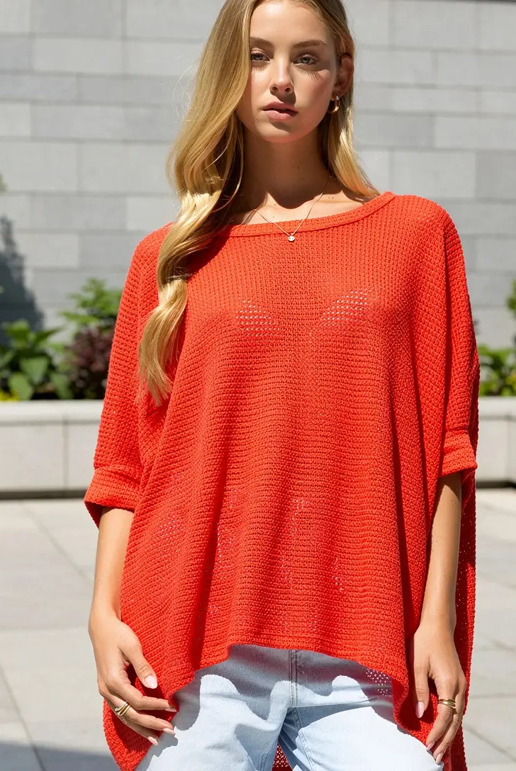 Waffle Knit Dolman Poncho Top -Red-Blouses-Dear Me Southern Boutique, located in DeRidder, Louisiana