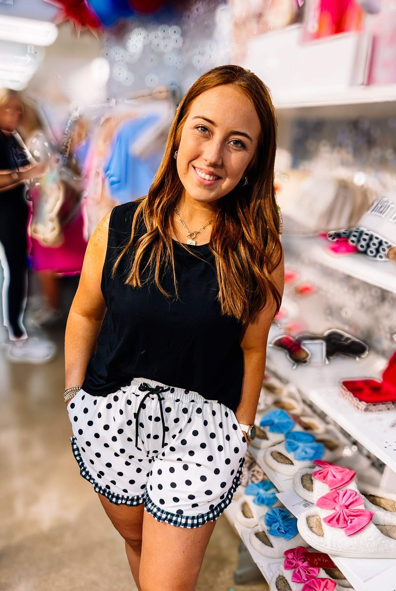 White Polka Dot Ruffle Shorts-Bottoms-Dear Me Southern Boutique, located in DeRidder, Louisiana