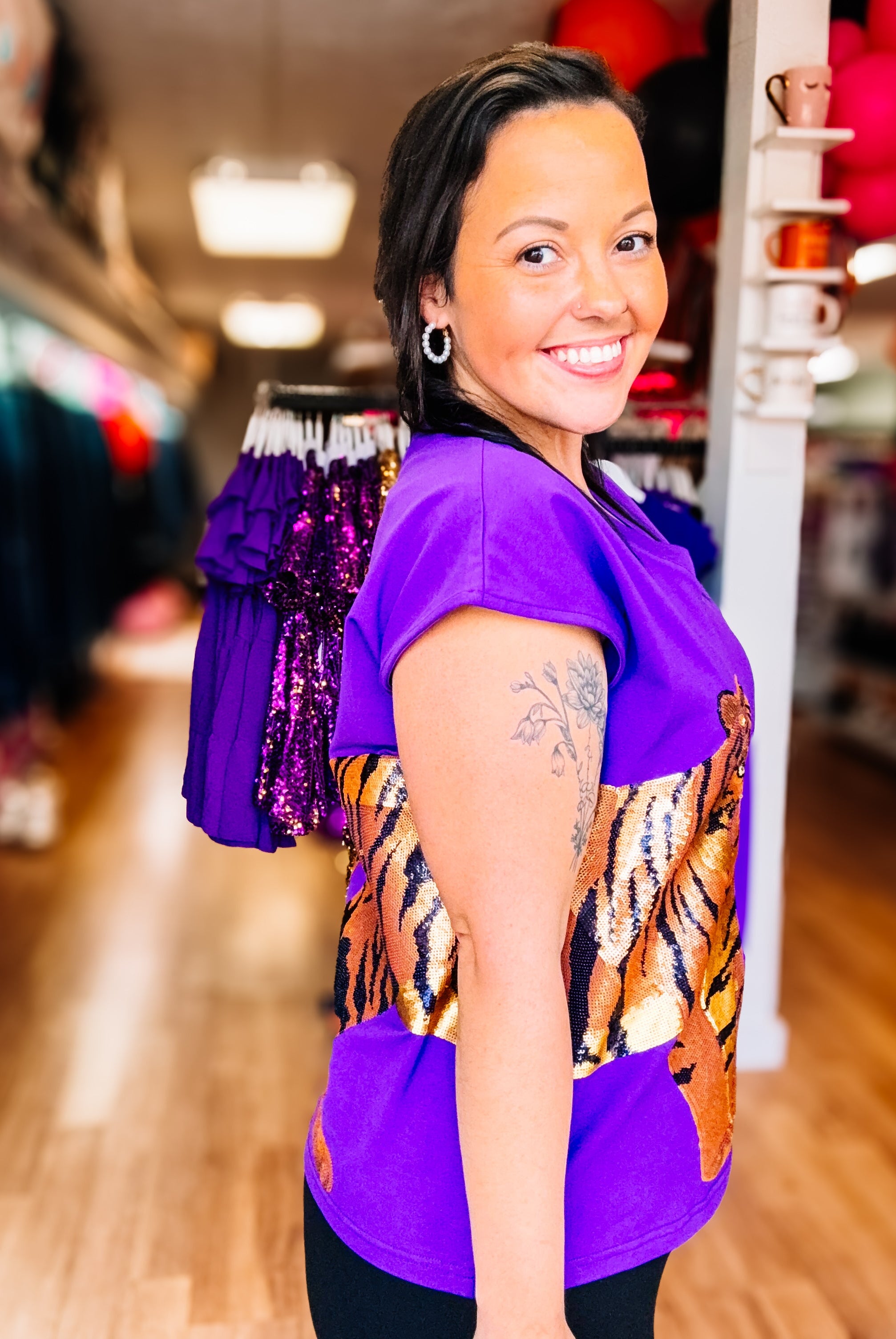 Wrap-Around Tiger Top - Purple-Graphic Tops-Dear Me Southern Boutique, located in DeRidder, Louisiana