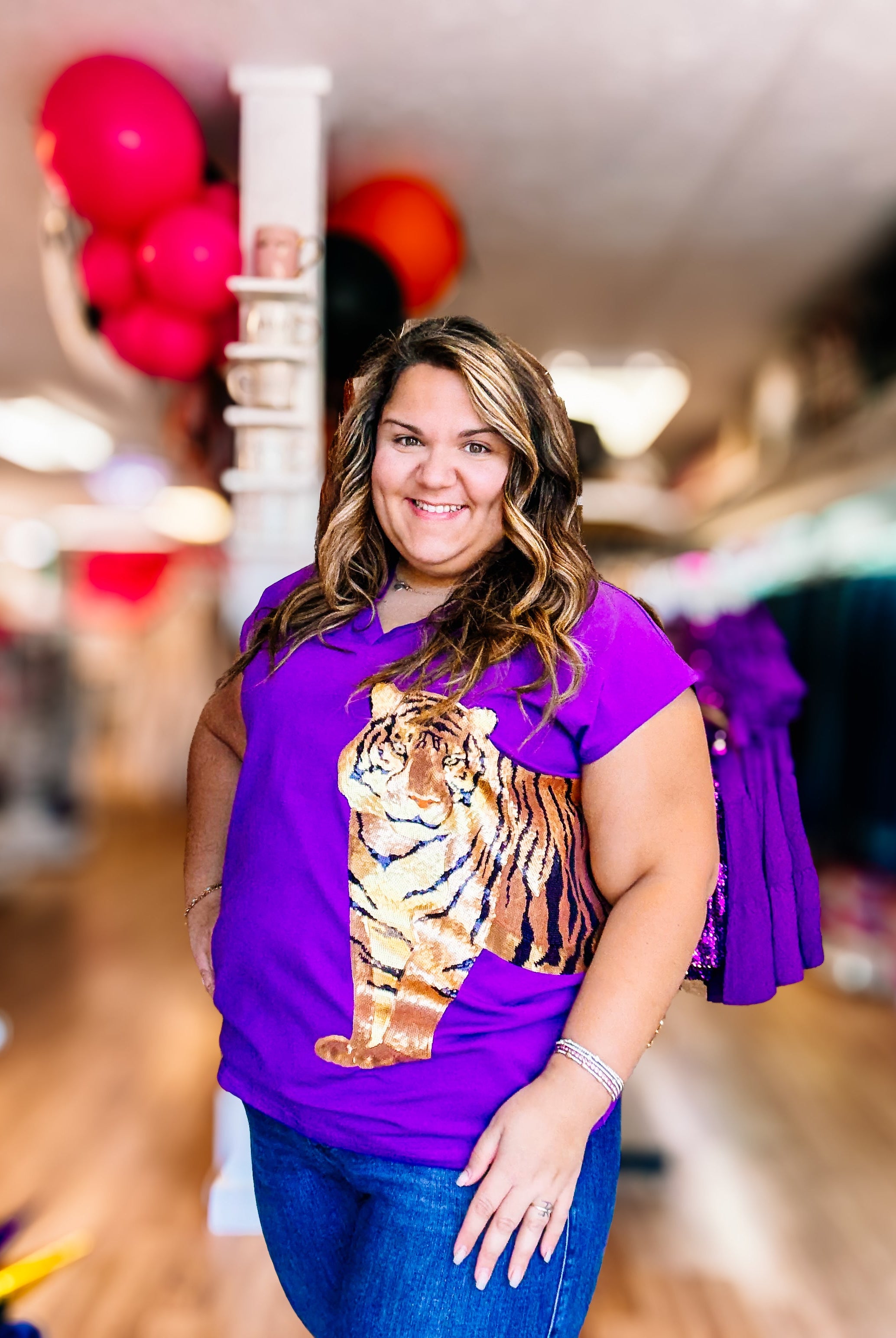 Wrap-Around Tiger Top - Purple-Graphic Tops-Dear Me Southern Boutique, located in DeRidder, Louisiana