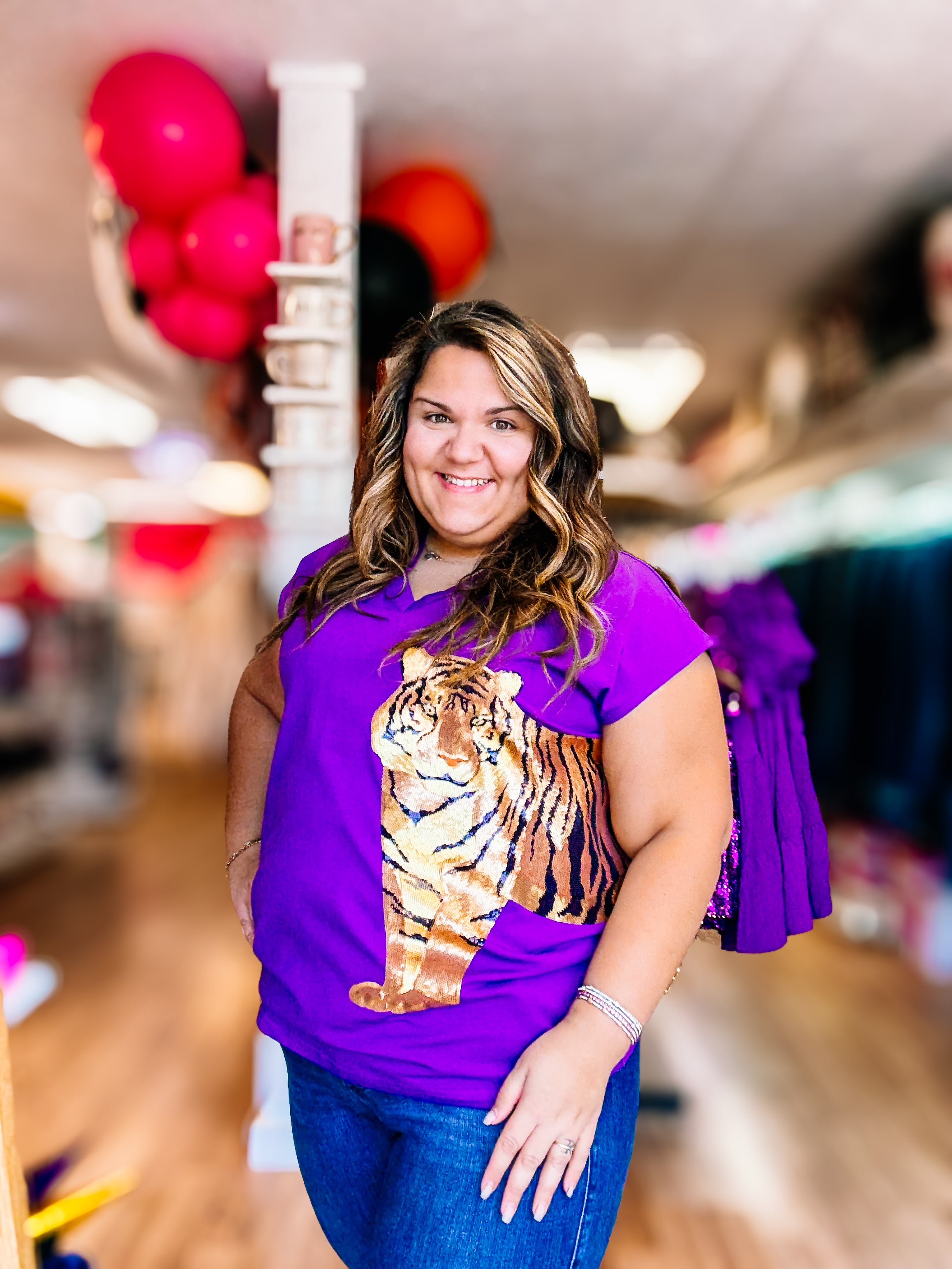 Wrap-Around Tiger Top - Purple-Graphic Tops-Dear Me Southern Boutique, located in DeRidder, Louisiana