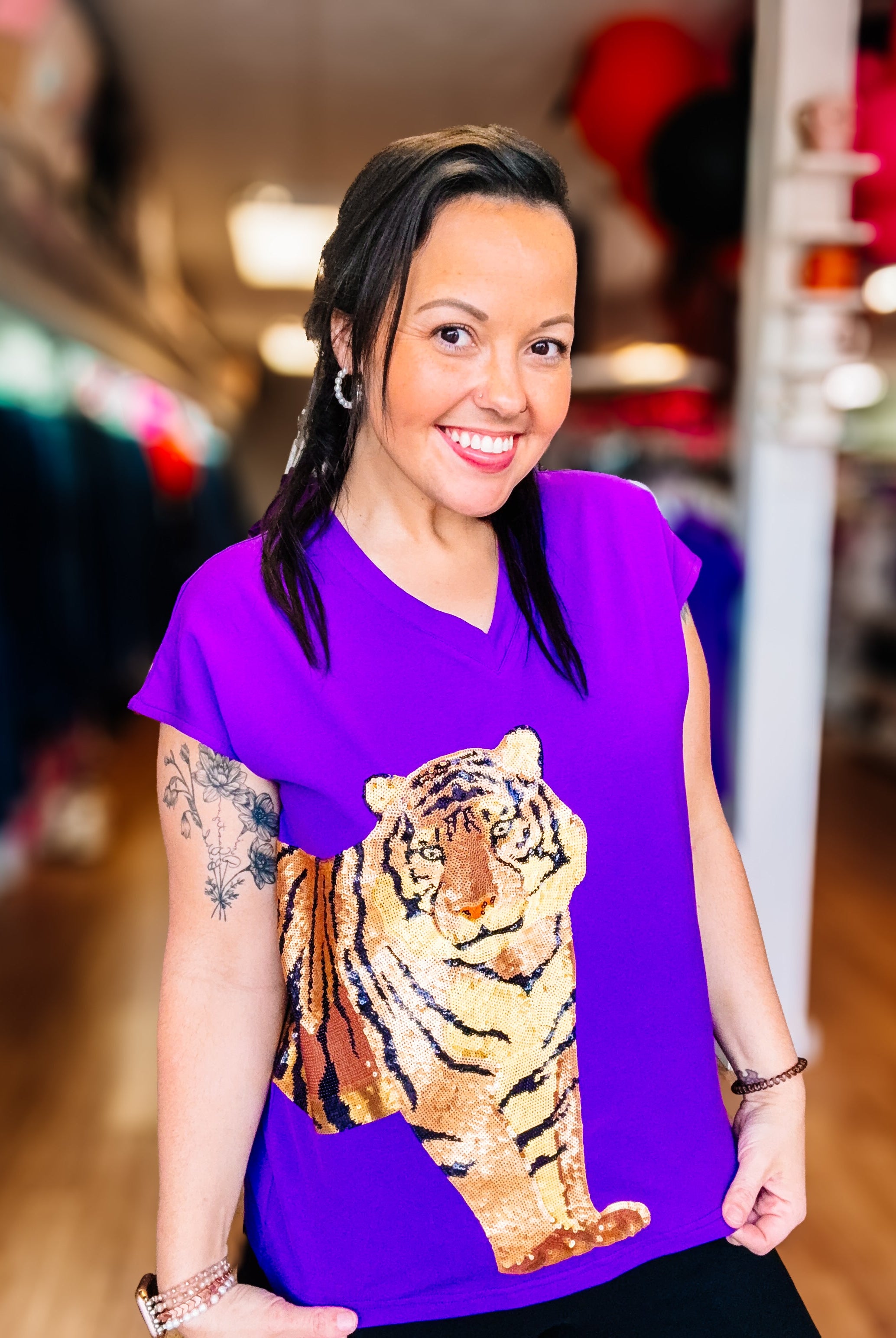 Wrap-Around Tiger Top - Purple-Graphic Tops-Dear Me Southern Boutique, located in DeRidder, Louisiana