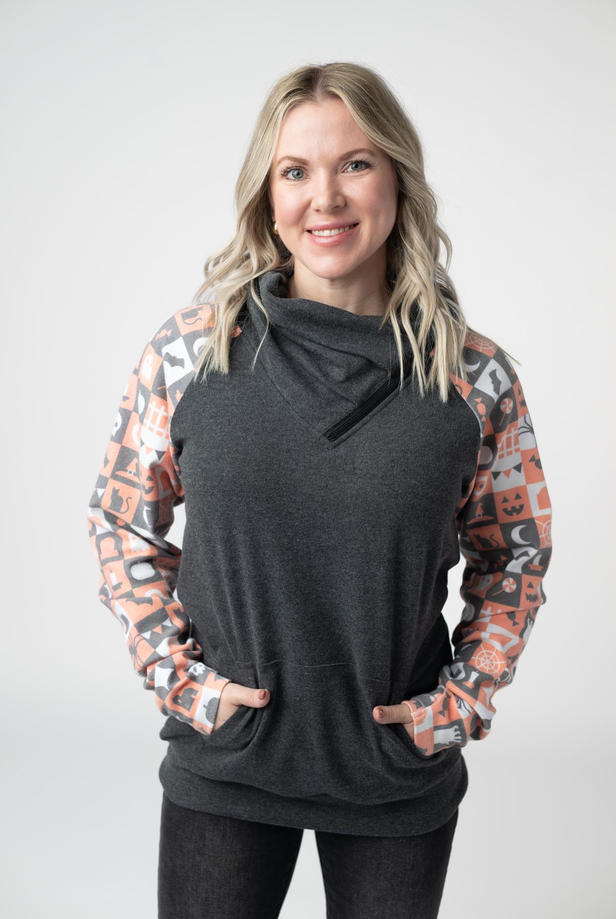 Zoey ZipCowl Sweatshirt -Trick-or-Treat Checkered and Charcoal-Pullover-Dear Me Southern Boutique, located in DeRidder, Louisiana